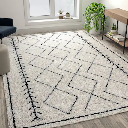 Front. Emma + Oliver - Geometric Bohemian Shag Rug - Ivory/Black.