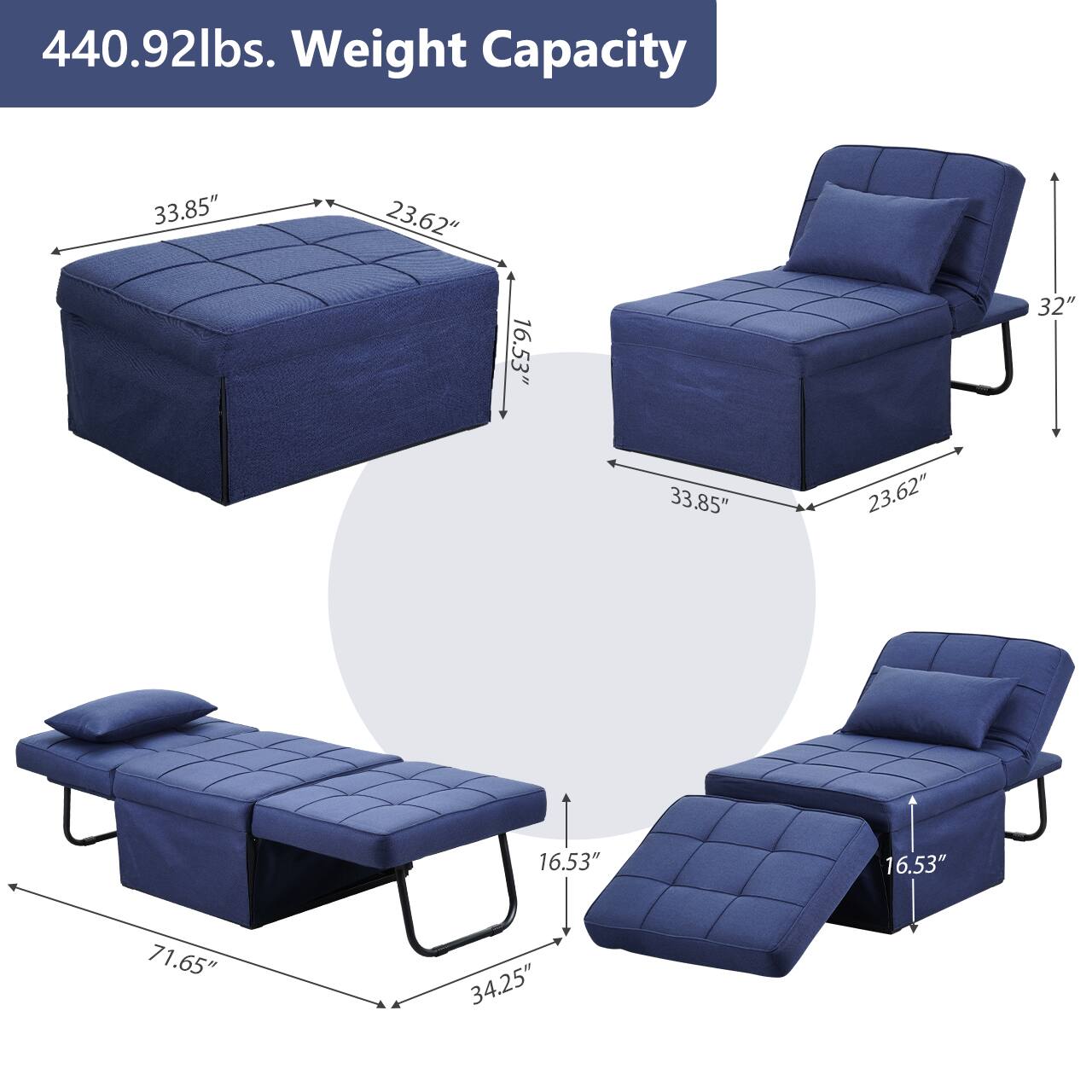 440.92lbs. Weight Capacity

33.85" x 23.62" x 16.53"  
32"  
33.85" x 23.62" x 16.53"  
16.53"  
71.65" x 34.25"