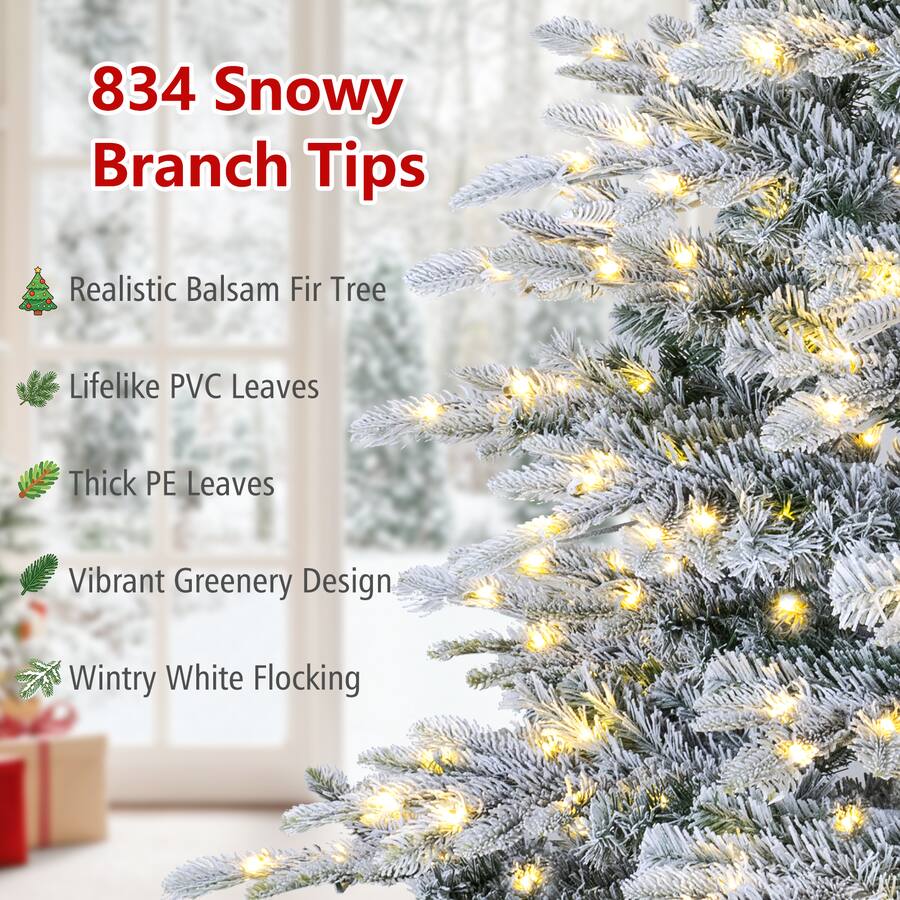 Tree Vs Tree Comp Costway 6 FT Flocked Christmas Tree with 834 Full Branch Tips, 420 Warm ...