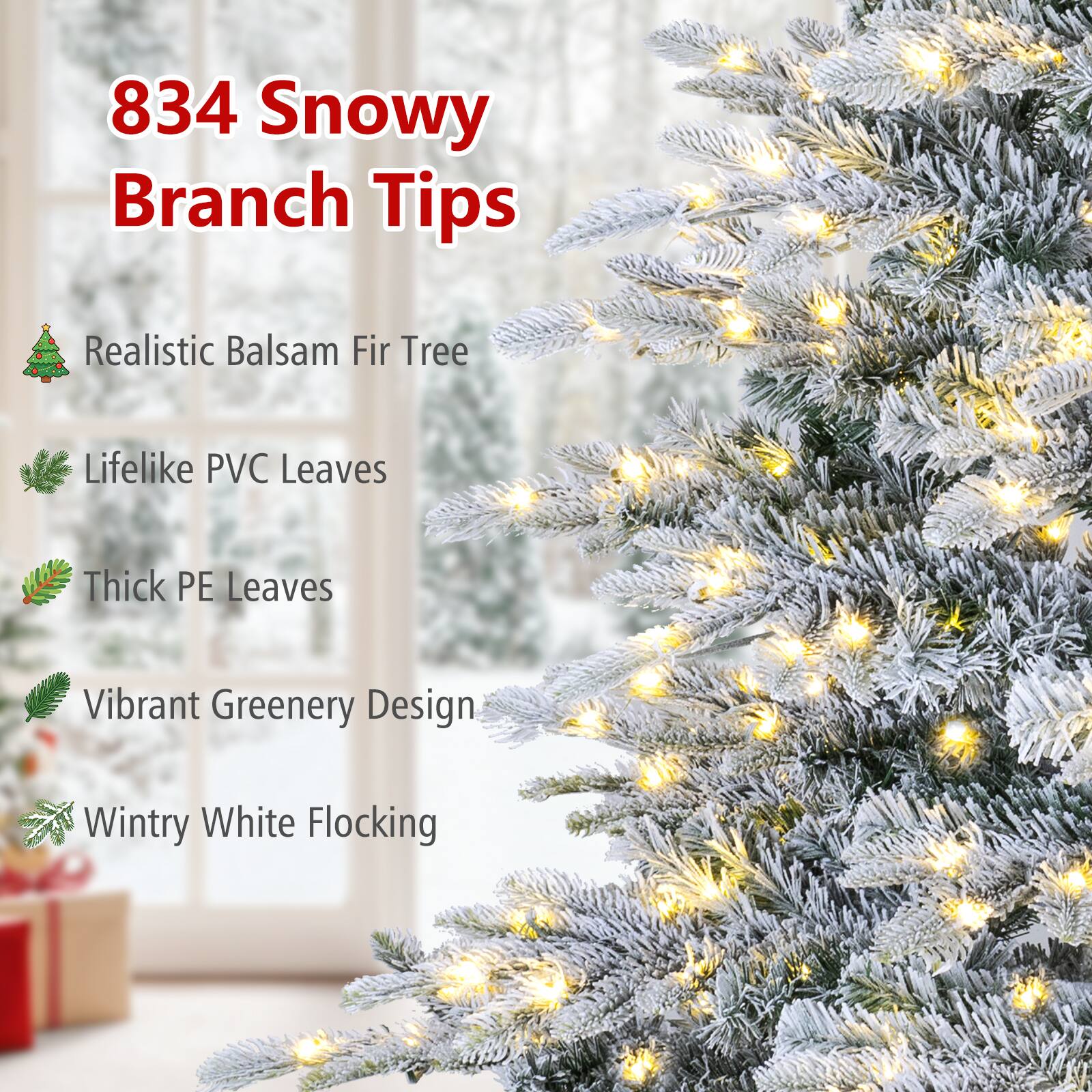 834 Snowy Branch Tips

- Realistic Balsam Fir Tree
- Lifelike PVC Leaves
- Thick PE Leaves
- Vibrant Greenery Design
- Wintry White Flocking