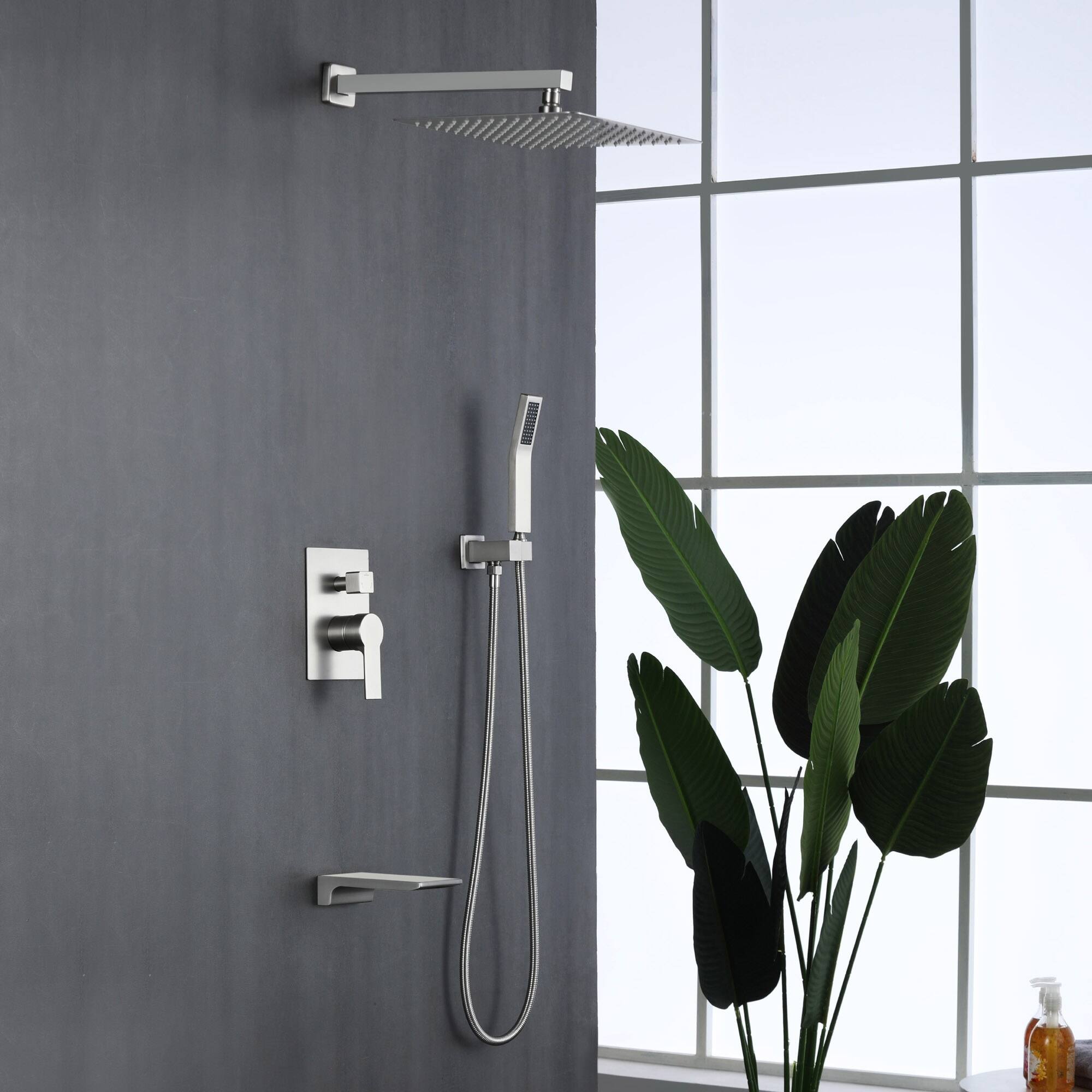 Alt View 1. Boyel Living - Brushed Nickel 12-Inch Rain Shower System Brass SUS304 3-Function Valve Waterfall Spout cUPC - Brushed Nickel.