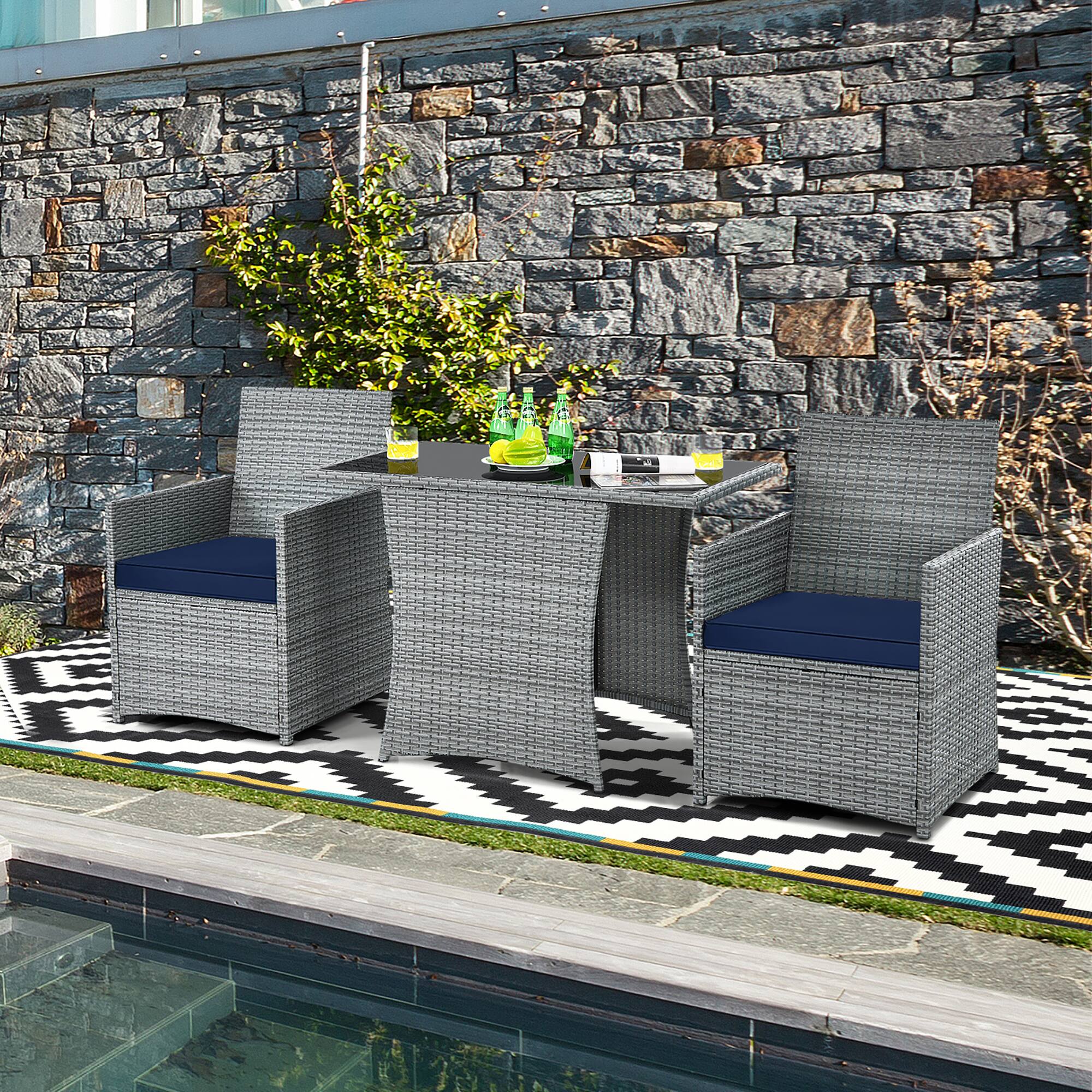 Alt View 4. Costway - Costway 3PCS Patio Rattan Furniture Set Cushioned Sofa Armrest  Garden - Navy.