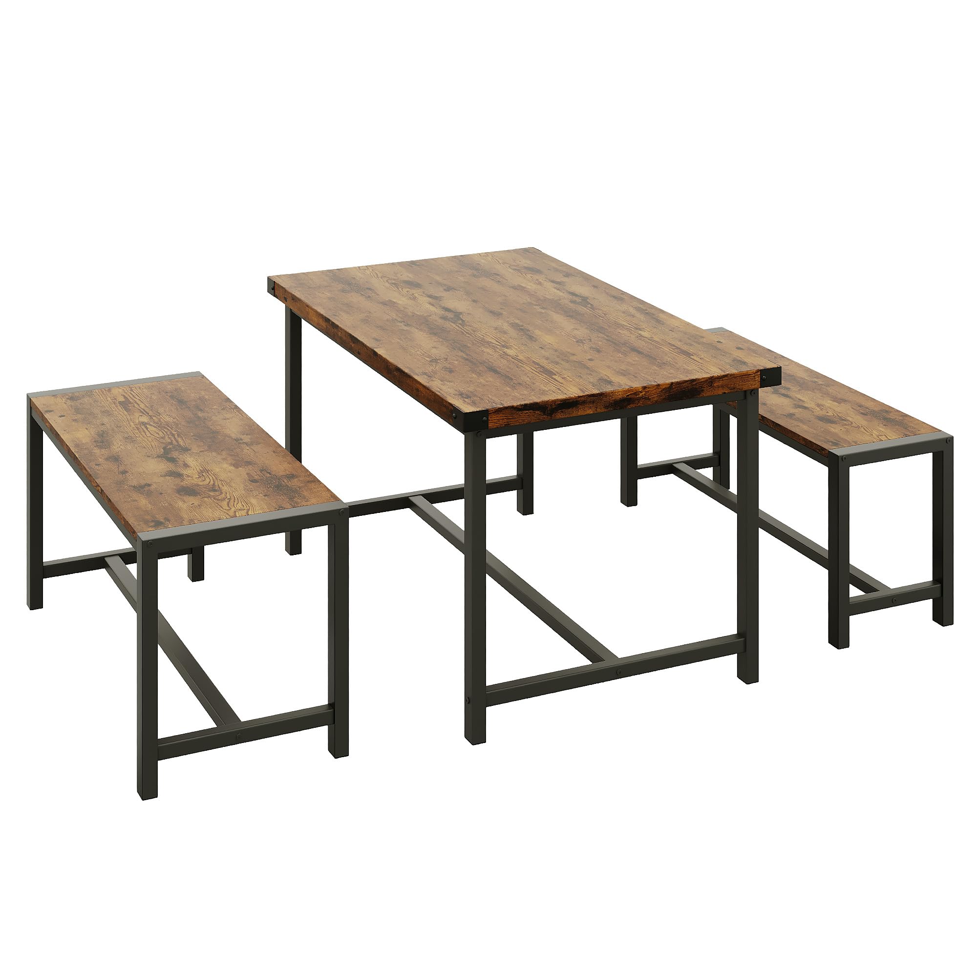 Front. Babevy - 3 Piece Dining Table Set for 4, Wooden Kitchen Table with 2 Benches, Space-Saving Dining Room Dinette Set - Brown.