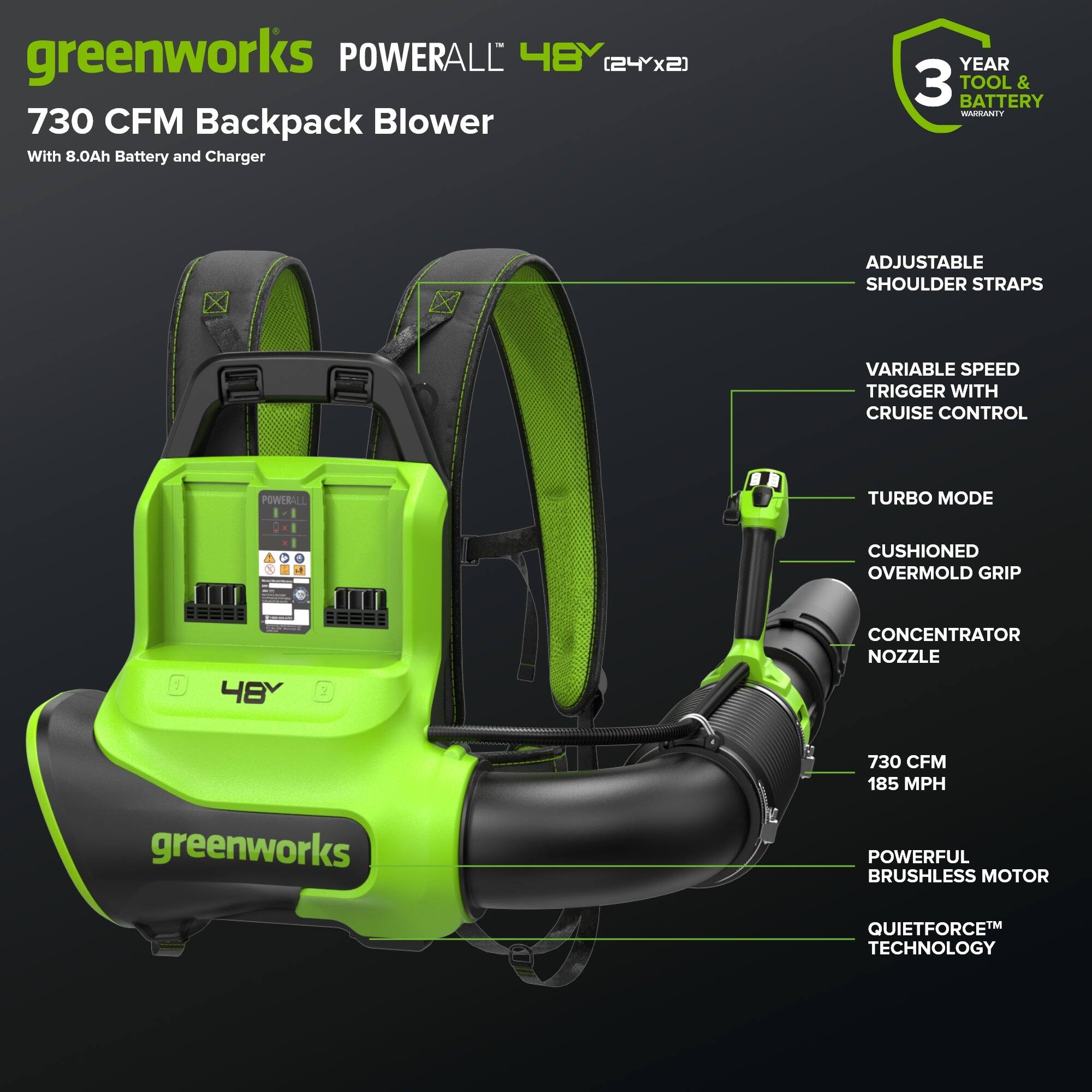 greenworks POWERALL 48Y (24x2) 730 CFM Backpack Blower With 8.0Ah Battery and Charger  
YEAR 3 TOOL & BATTERY WARRANTY  
ADJUSTABLE SHOULDER STRAPS  
VARIABLE SPEED TRIGGER WITH CRUISE CONTROL  
TURBO MODE  
CUSHIONED OVERMOLD GRIP  
CONCENTRATOR NOZZLE  
730 CFM 185 MPH  
POWERFUL BRUSHLESS MOTOR  
QUIETFORCE TECHNOLOGY