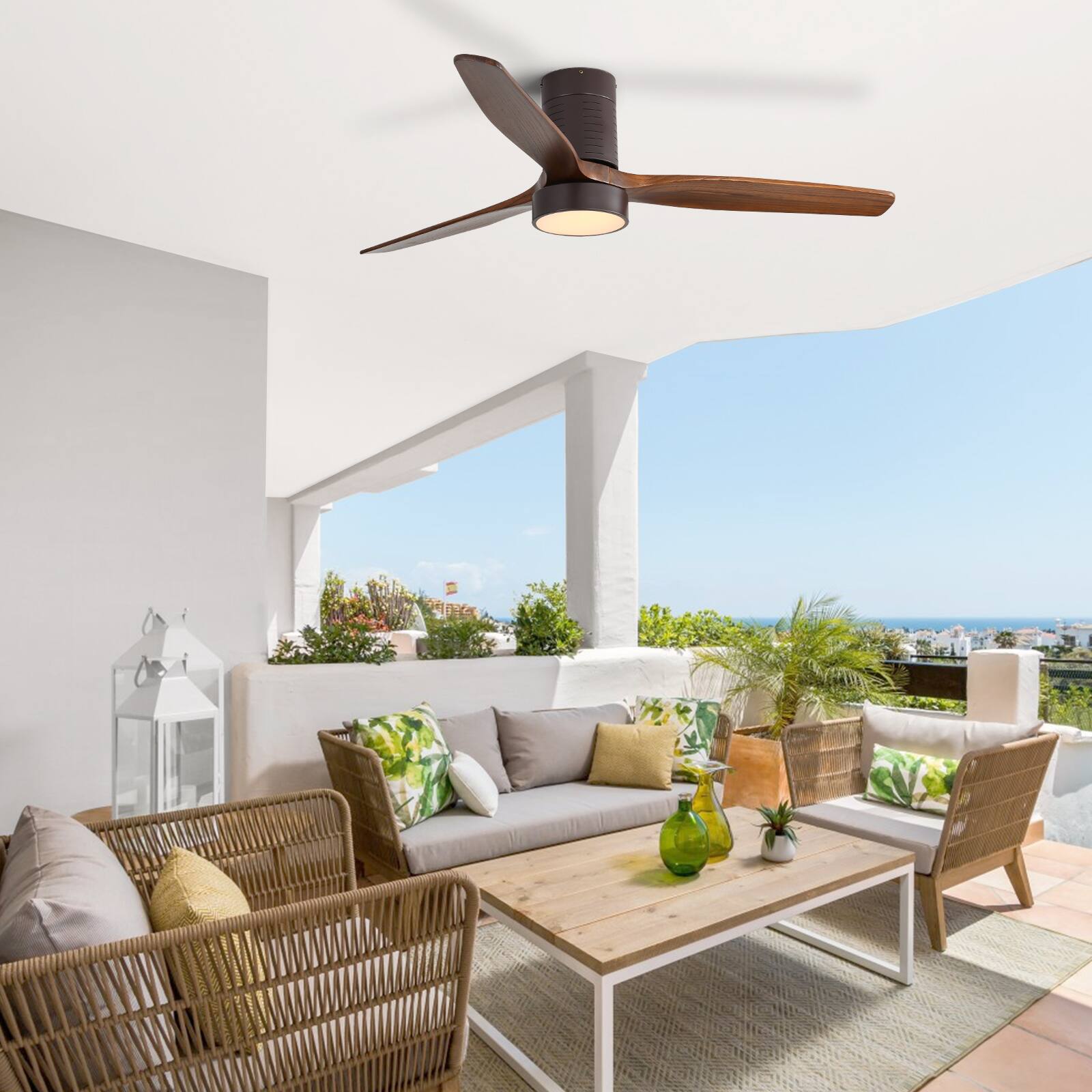 Alt View 2. Sofucor - Low Profile Flush Mount Ceiling Fan w/ Remote & 3 Walnut Wood Blades,Reversible,Dimmable for Living Room Kitchen Bedroom - Black-walnut Wood.