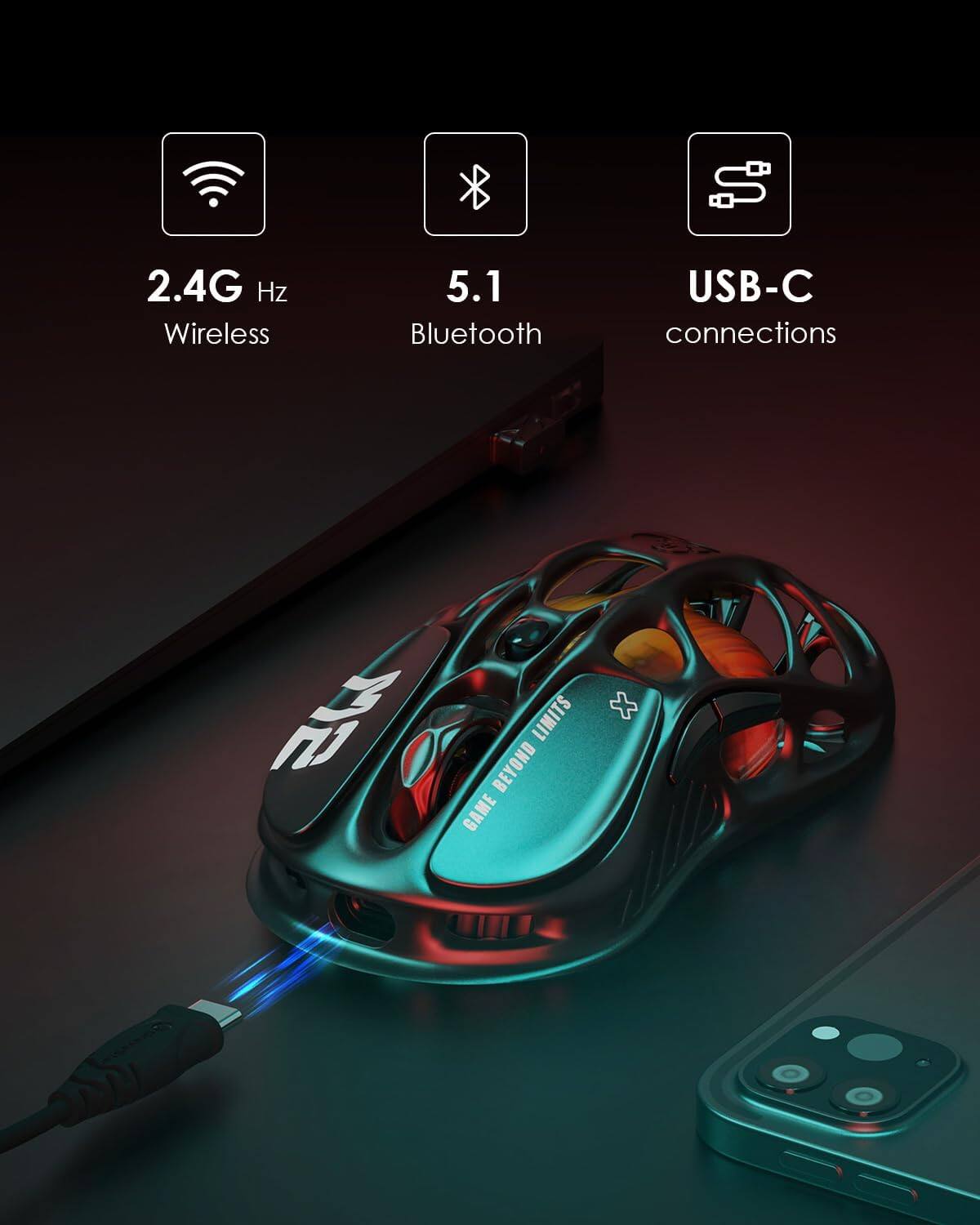 2.4G Hz Wireless  
5.1 Bluetooth  
USB-C connections  

LIMITS BEYOND GAME