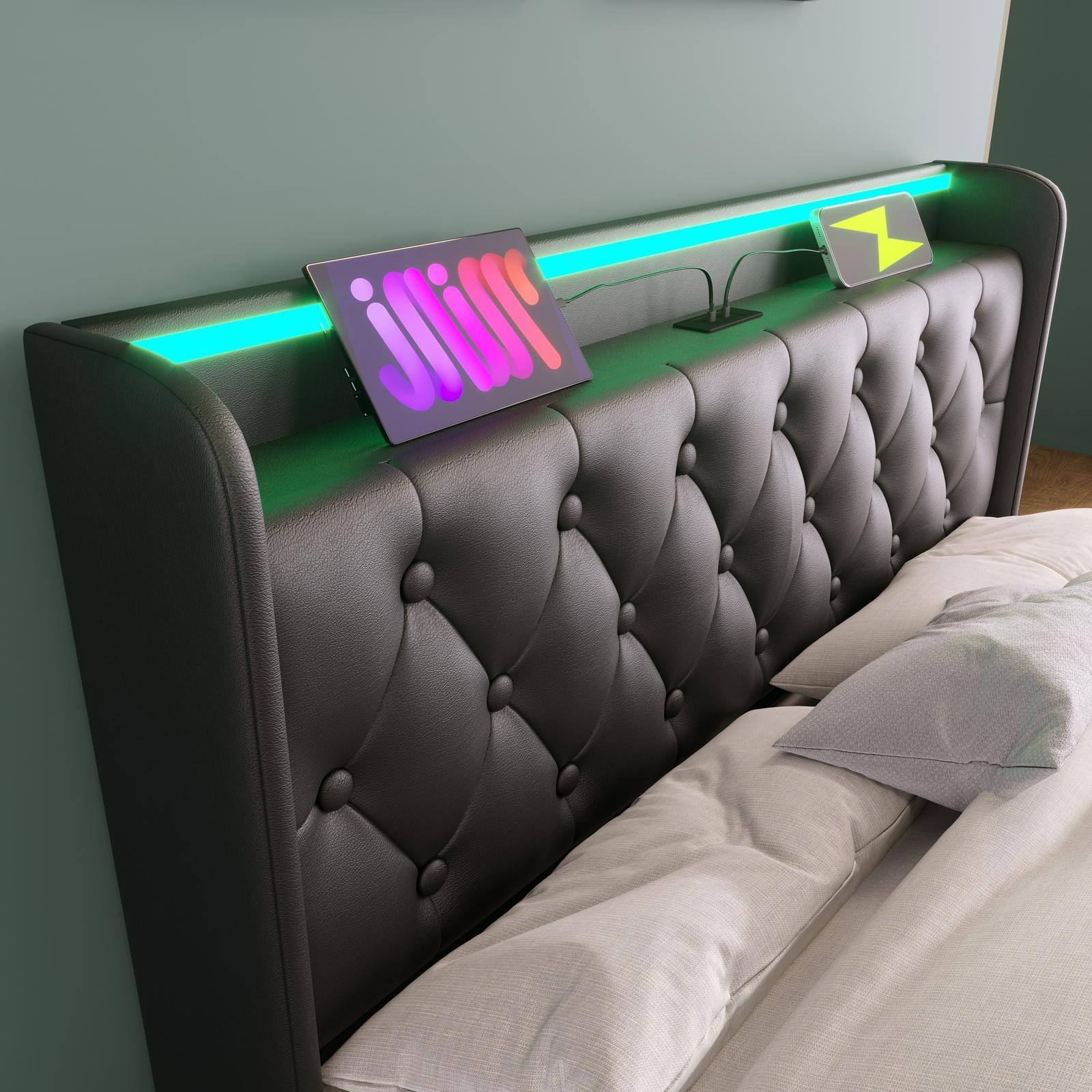 Alt View 4. Spaco - Spaco Queen Storage Bed with Hydraulic Lift, 360 LED Lighting, USB C Charging, Remote Control for Bedroom - Black.