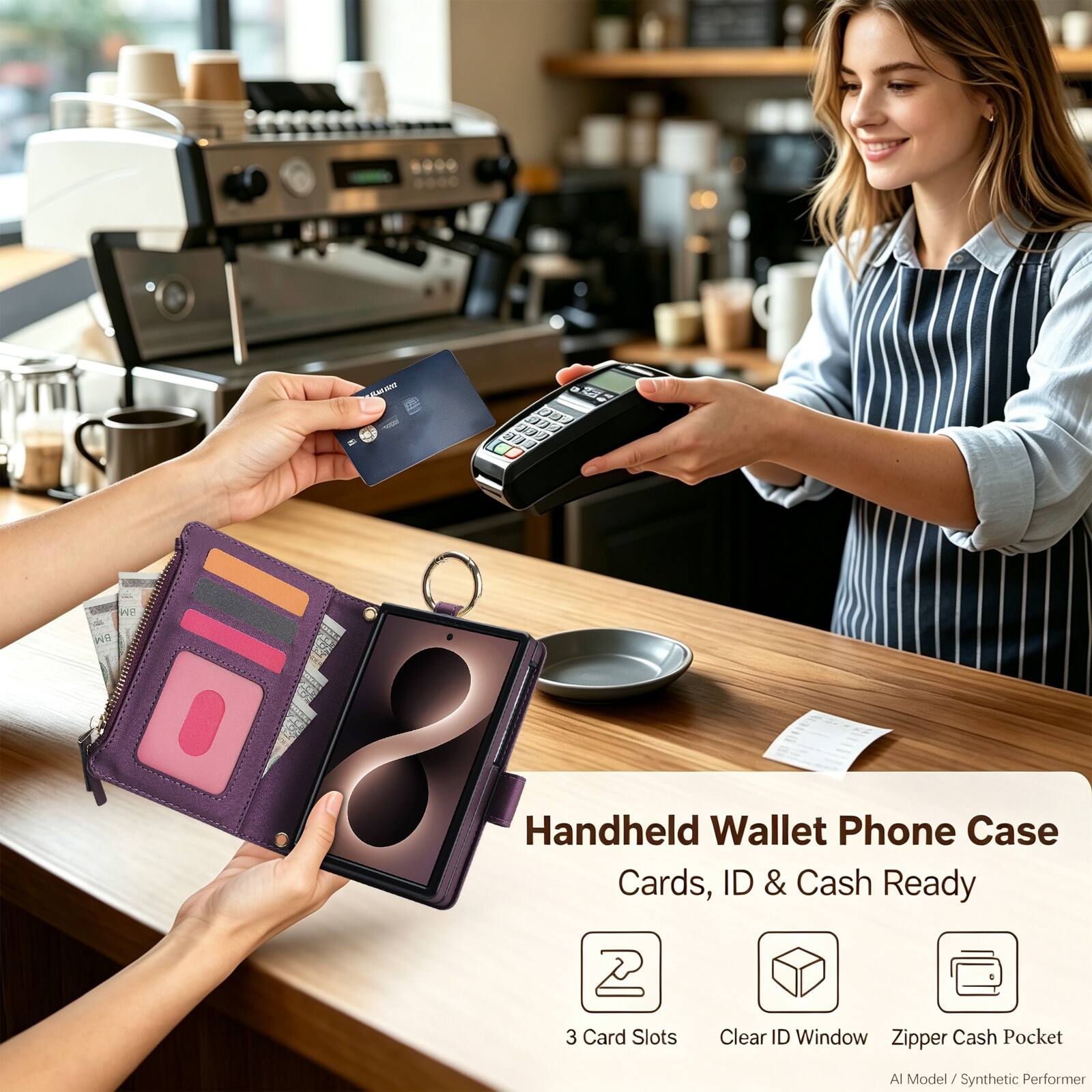 SMARC  
a  
BM  
BM  
Handheld Wallet Phone Case  
Cards, ID & Cash Ready  
3 Card Slots  
Clear ID Window  
Zipper Cash Pocket  
AI Model / Synthetic Performer