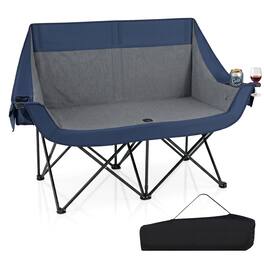 Gymax - Heated Double Camping Chair w/4 Heating Zones & 3 Heat LevelsWine Glass Holders Navy - Blue