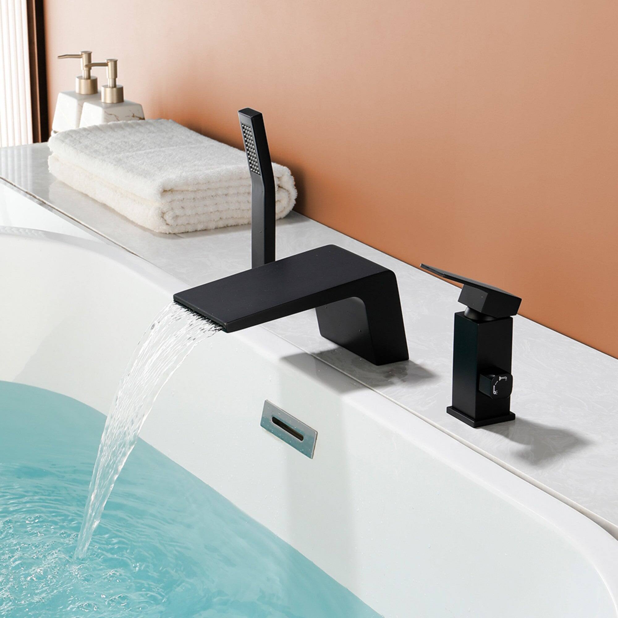 Alt View 8. Boyel Living - Black Bathtub Waterfall Faucet with Hand Shower and Separate Hot/Cold Handles - Matte Black.