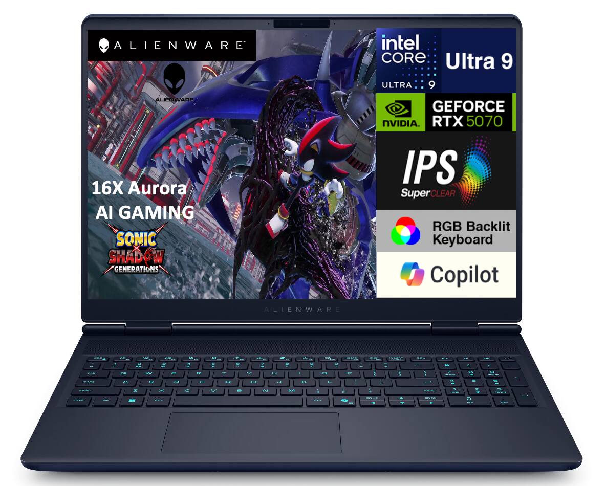 ALIENWARE  
intel CORE Ultra 9  
ULTRA 9  
ALIENWARE  
16X Aurora  
AI GAMING  
SONIC SHADOW GENERATIONS  
GEFORCE NVIDIA RTX 5070  
IPS SuperCLEAR  
RGB Backlit Keyboard  
Copilot