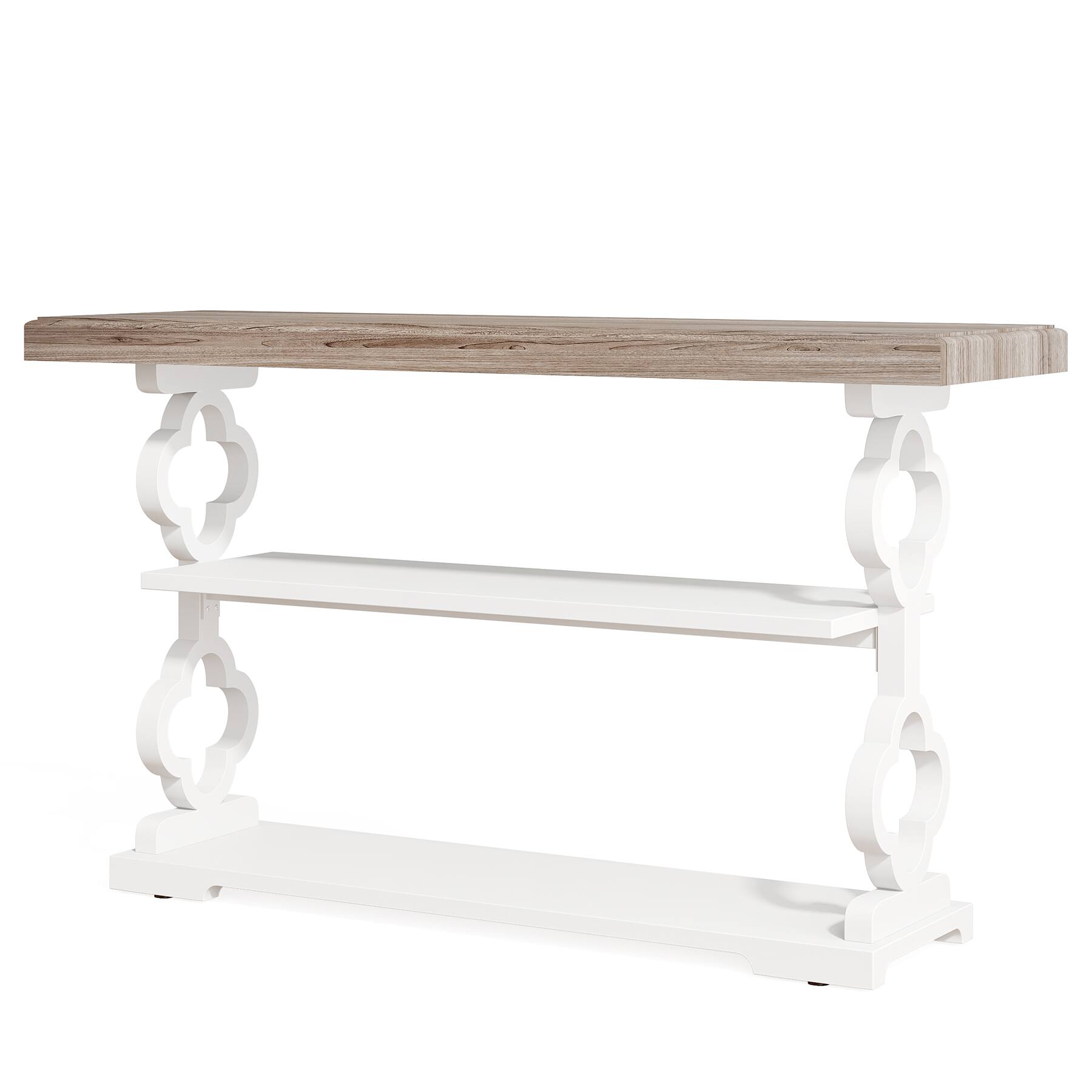 Alt View 1. TinyHomie - 55in French Country Console Table - Farmhouse Sofa Table with 3 Storage Shelves Grey and White Entryway Table - Grey and White.