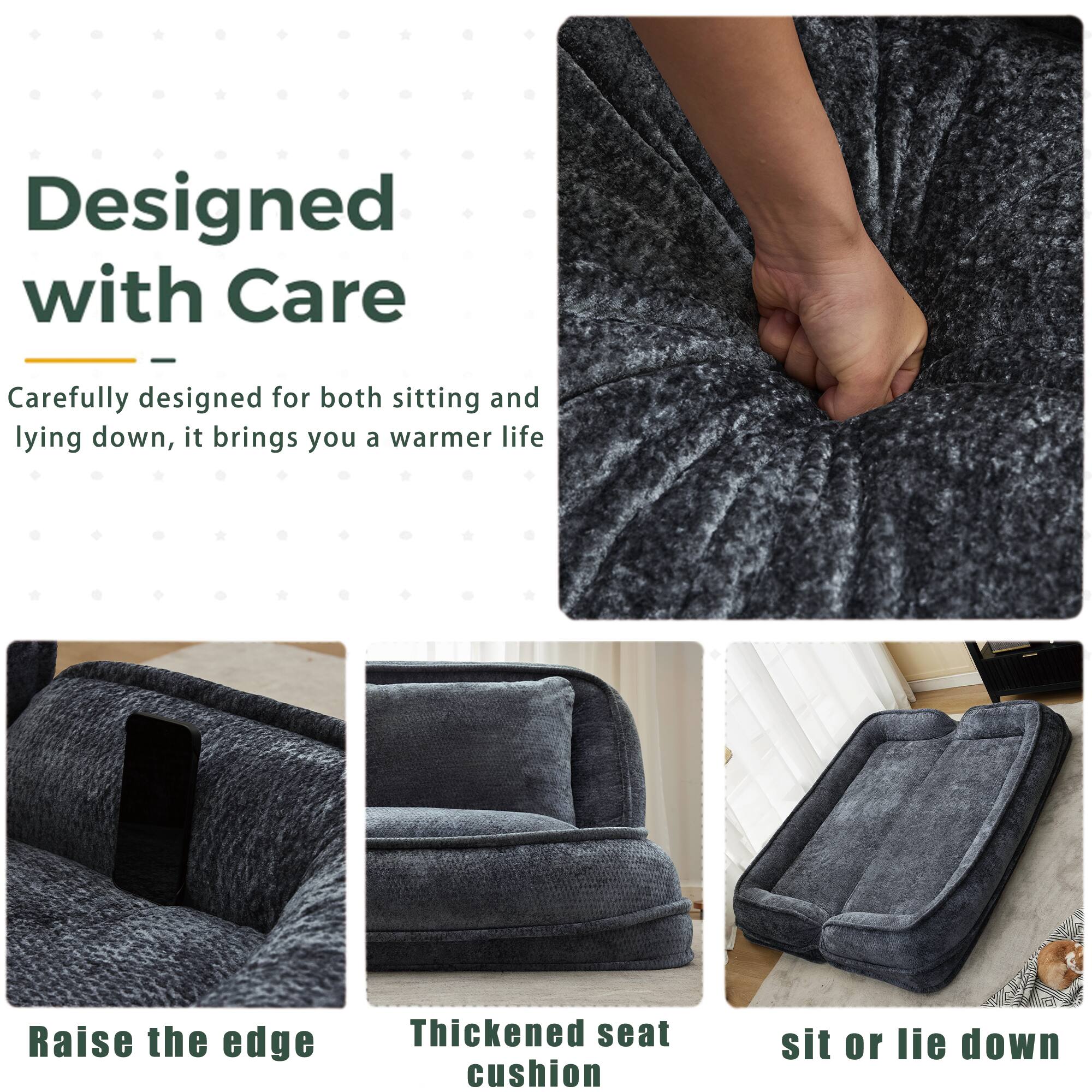 Designed with Care  
Carefully designed for both sitting and lying down, it brings you a warmer life  

Raise the edge  
Thickened seat cushion  
sit or lie down