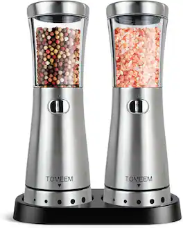 Tomeem - Electric Salt and Pepper Grinder Set with Storage Base, Rechargeable Salt and Pepper Grinder Set with 4 - Stainless Steel
