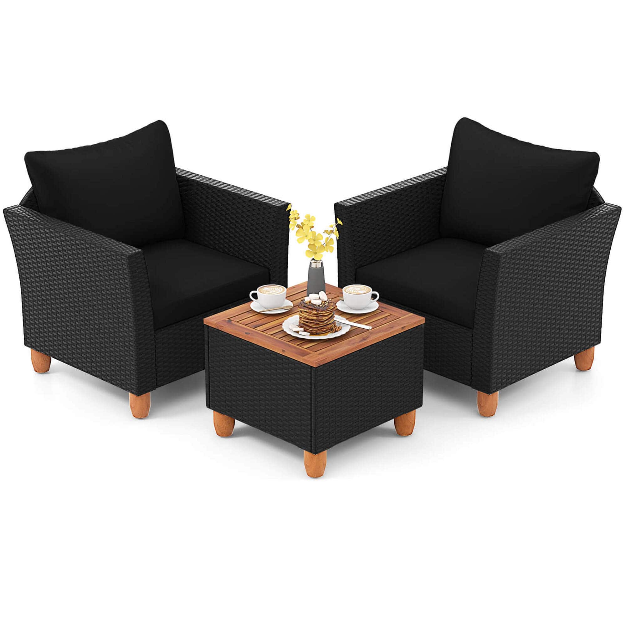 Costway - 3PCS Patio Rattan Furniture Set Cushioned Sofa Storage Table with Wood Top - Black price history on PriceWatchPro