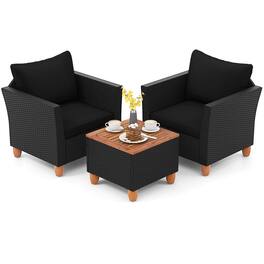 Costway - 3PCS Patio Rattan Furniture Set Cushioned Sofa Storage Table with Wood Top - Black