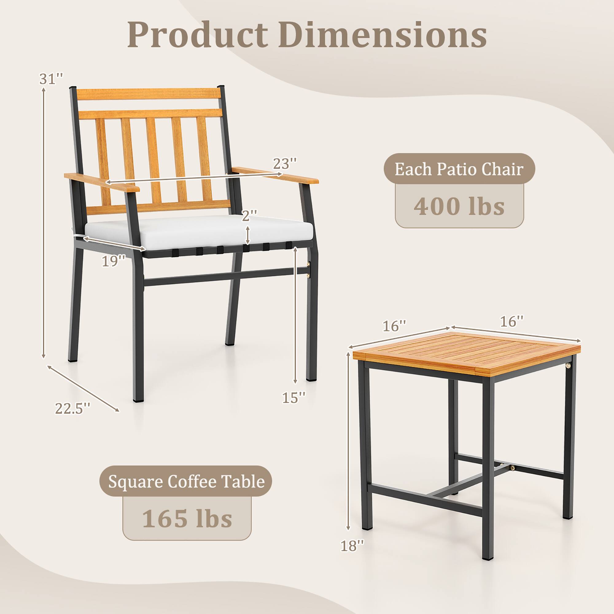 Product Dimensions: 31", 23", 2", 19", 16", 16", 22.5", 15"

Each Patio Chair: 400 lbs

Square Coffee Table: 165 lbs, 18"