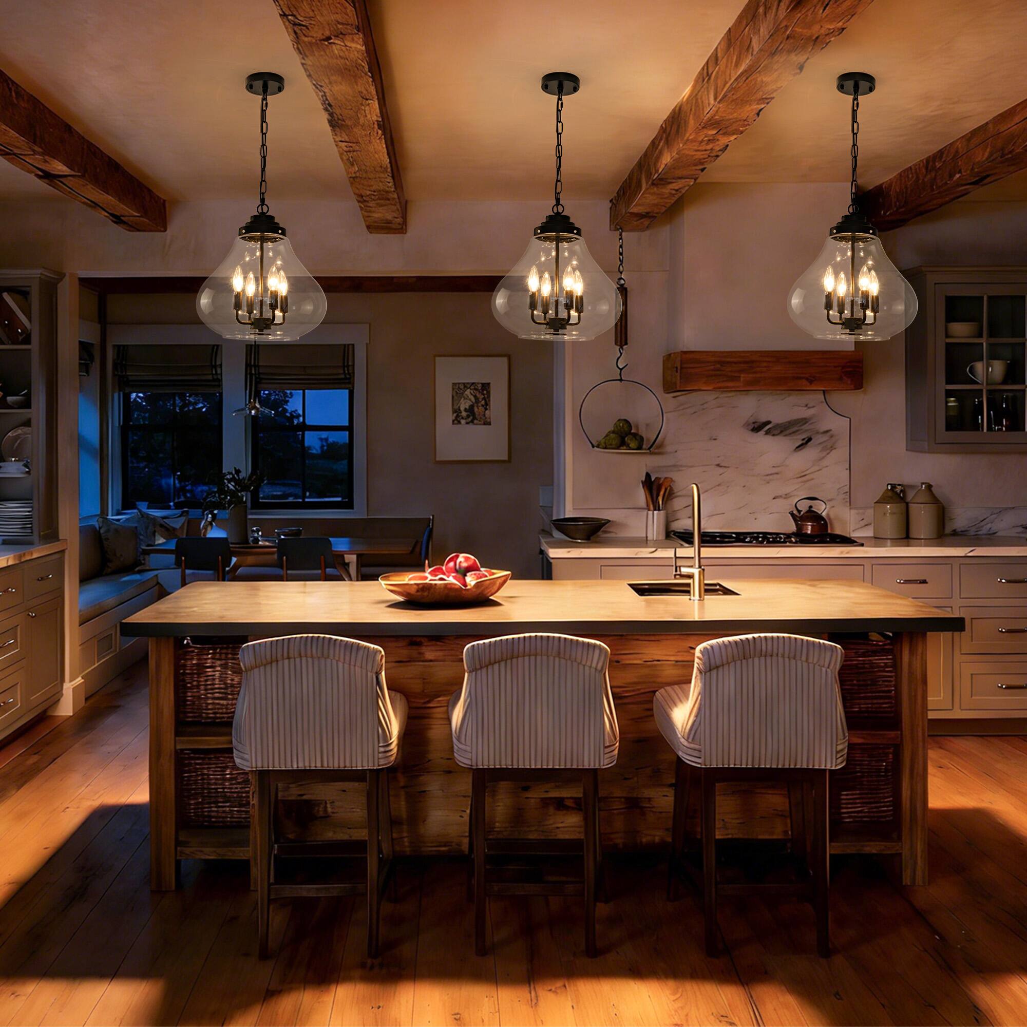 Back. RYHNUYNE - 13.77" Black Glass Pendant Light - Adjustable Industrial Hanging Light Fixture for Kitchen Island, Dining Room, Foyer.