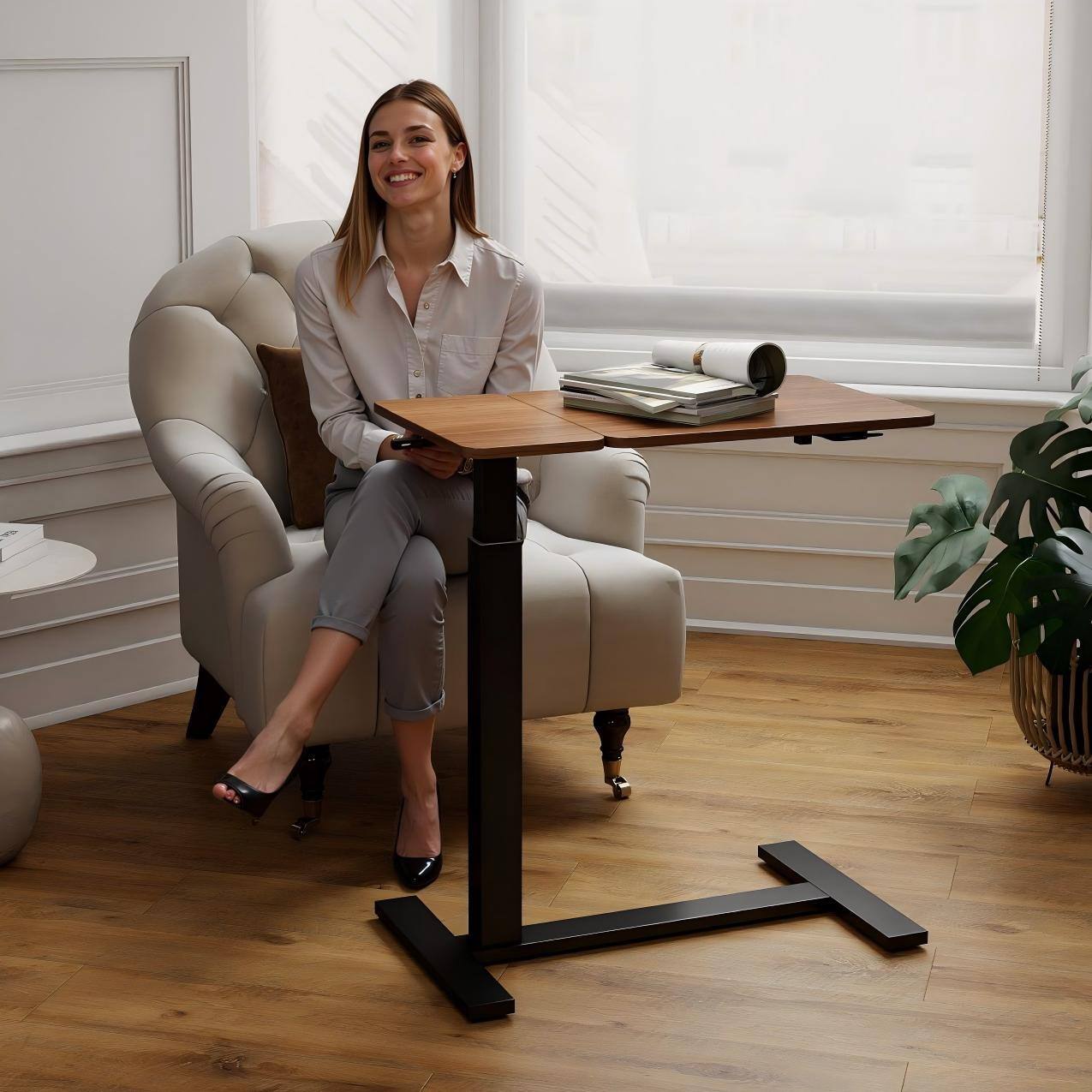 Alt View 3. Loheer - Loheer Mobile Standing Desk Adjustable Rolling Laptop Table Overbed Bedside Desk Walnut - Brown+Black.