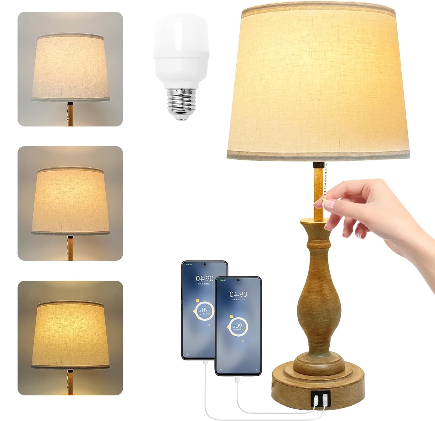 Stamp n Camp - Farmhouse Table Lamp Touch Control 3-Way Dimmable Table Lamp Modern Nightstand Lamp with 2 USB Port Bedside Desk - Pack 1-Beige Shade & Pull Chain