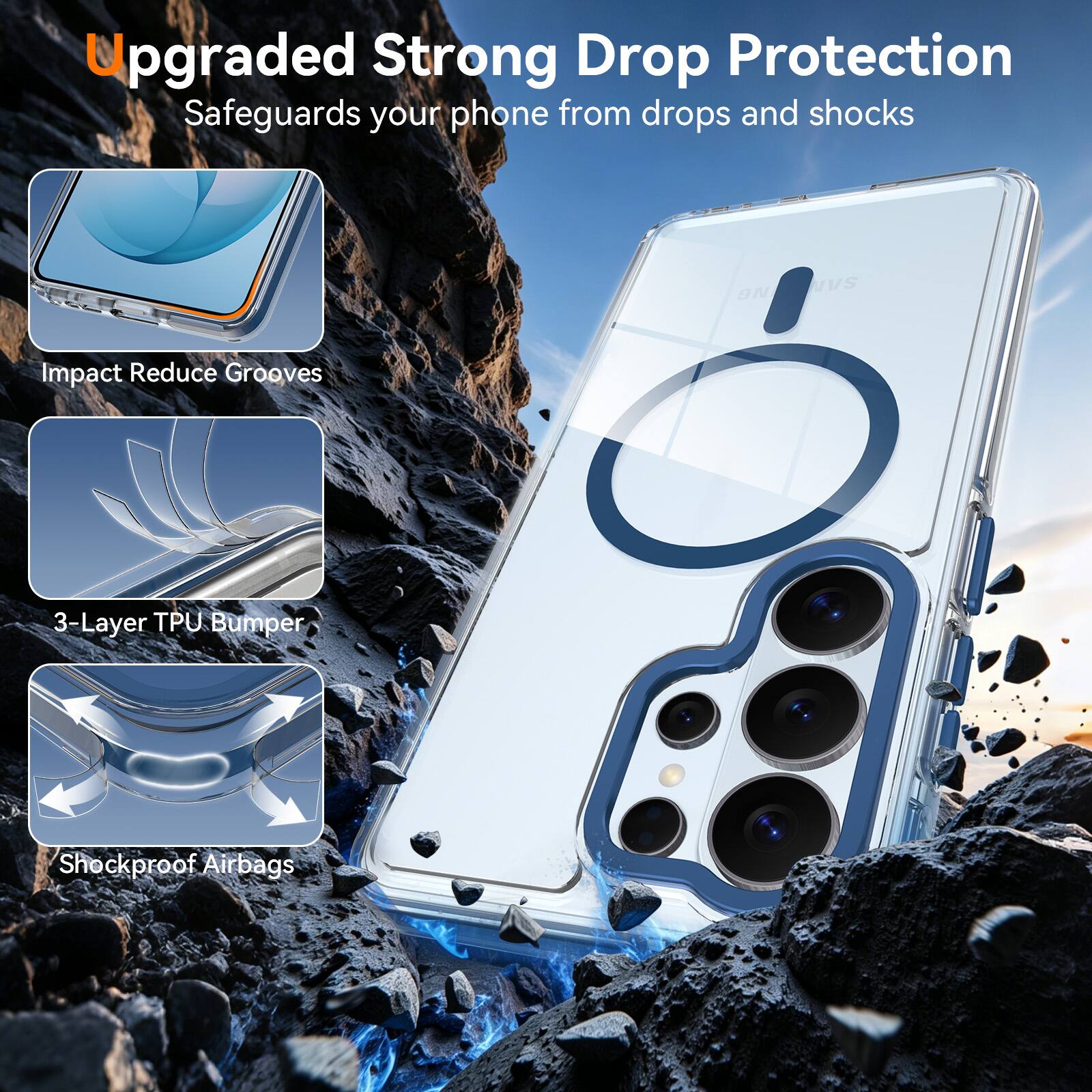 Upgraded Strong Drop Protection  
Safeguards your phone from drops and shocks  

Impact Reduce Grooves  
3-Layer TPU Bumper  
Shockproof Airbags