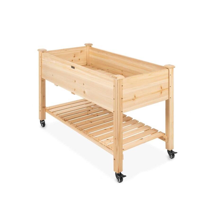 Left. SlickBlue - Solid Wood Raised Mobile Garden Planter with Locking Wheels, Elevated Planter - Natural.