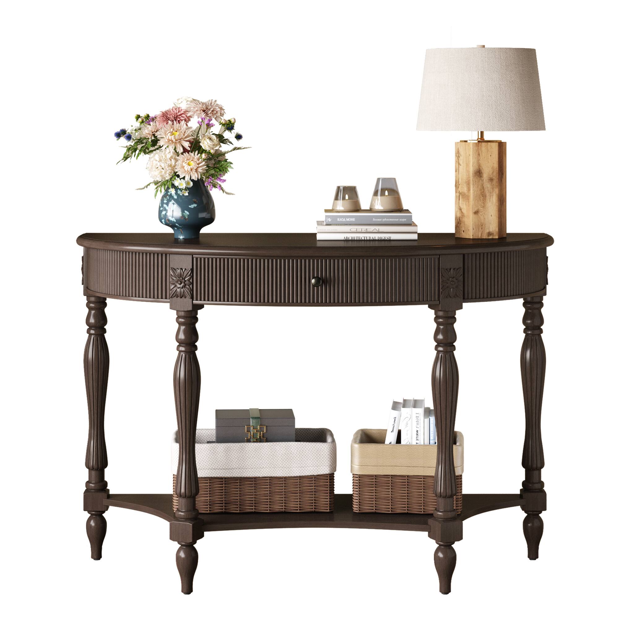 MERAVOM Solid Wood Half Moon Console Table with Drawer and Shelf ...