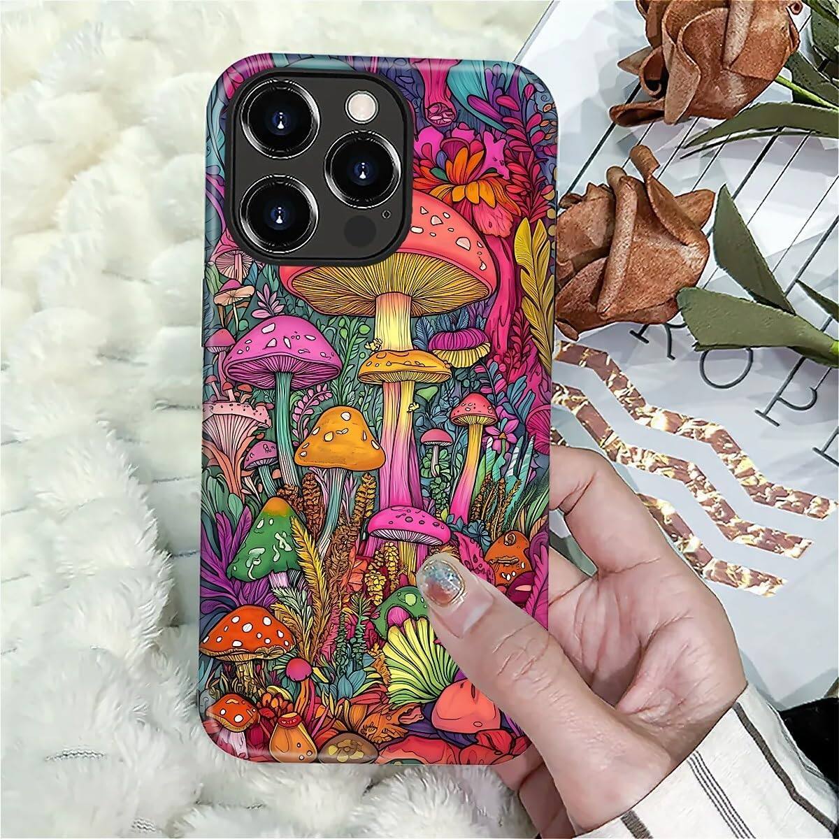 Alt View 6. BUBM - Smartphone Case for iPhone 16 Pro Max - 2-Layer Durable Smartphone Protection Case - Psychedelic Mushrooms.
