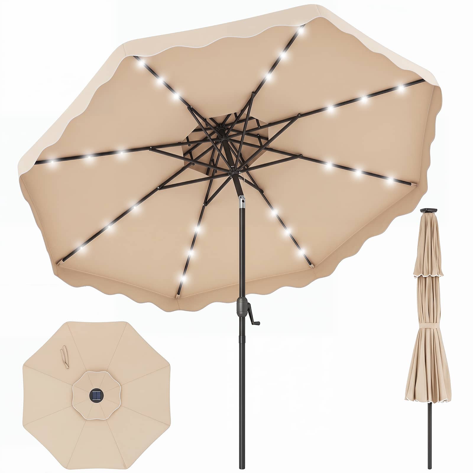 Costway - 9 FT Solar LED Patio Umbrella, Push-Button Tilt & Crank, 24 LED Lights & 8 Ribs - Beige