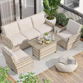 U-HOMY - 4-Piece Outdoor Wicker Patio Set with 360° Swivel Rocker Chairs, 3-Seat Sofa and Tempered Glass Table - Beige