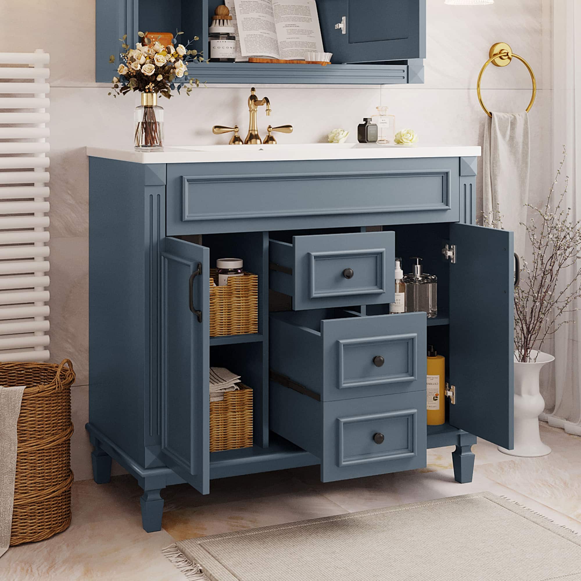 Tiramisubest - 36" Bathroom Vanity with Top Sink, Modern Bathroom Storage Cabinet with 2 Soft Closing Doors and 2 Drawers - Blue