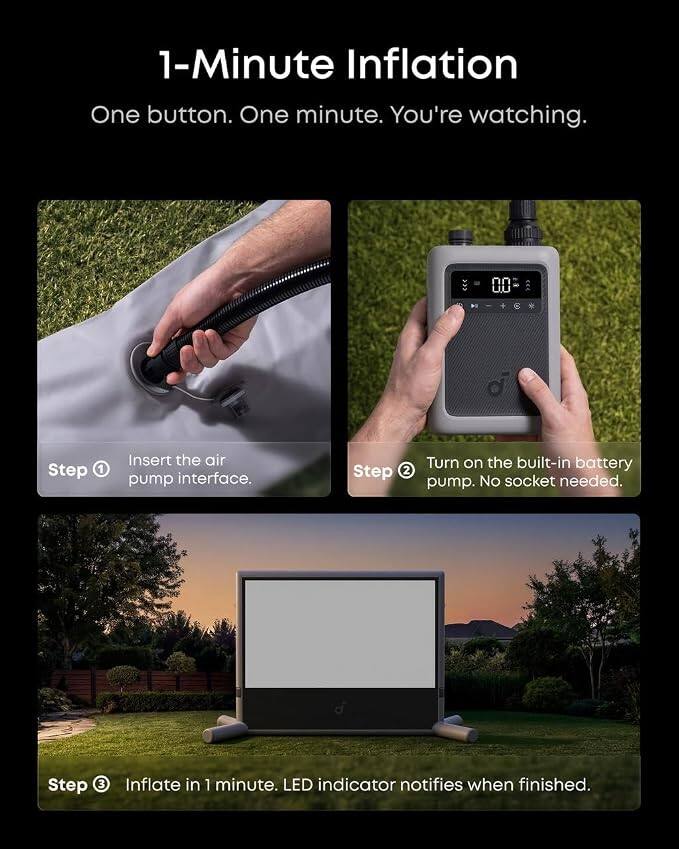1-Minute Inflation

One button. One minute. You're watching.

Step 1: Insert the air pump interface.

Step 2: Turn on the built-in battery pump. No socket needed.

Step 3: Inflate in 1 minute. LED indicator notifies when finished.