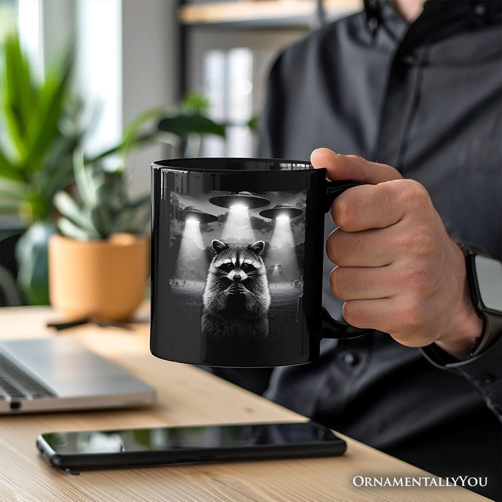 Left. OrnamentallyYou - Funny Raccoon UFO Mug, Unisex Black Gift - Black.