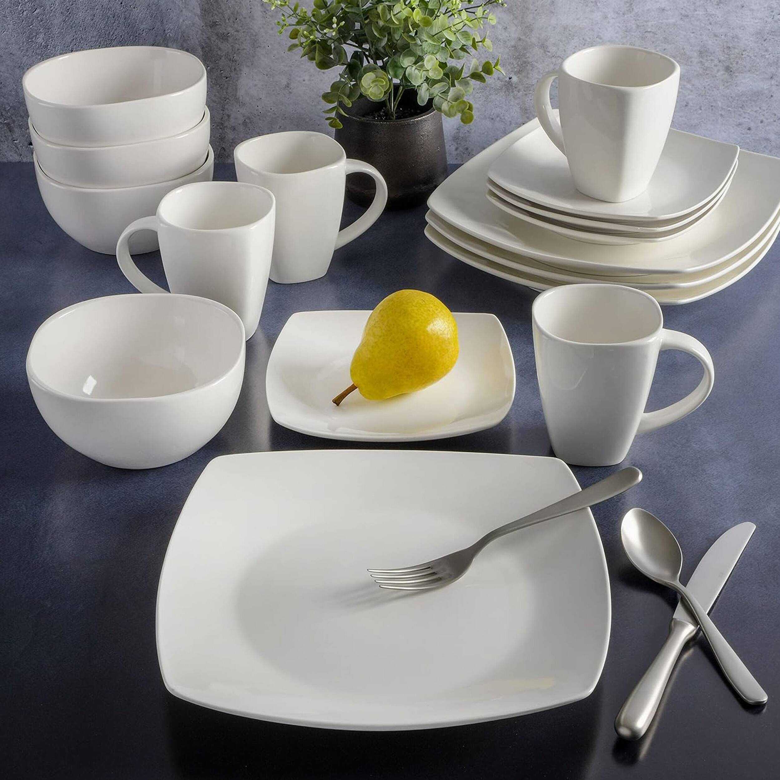Alt View 4. Gibson - Gibson Soho Lounge 16 Piece Fine Ceramic Soft Square Stoneware Dinnerware Set in White - White.