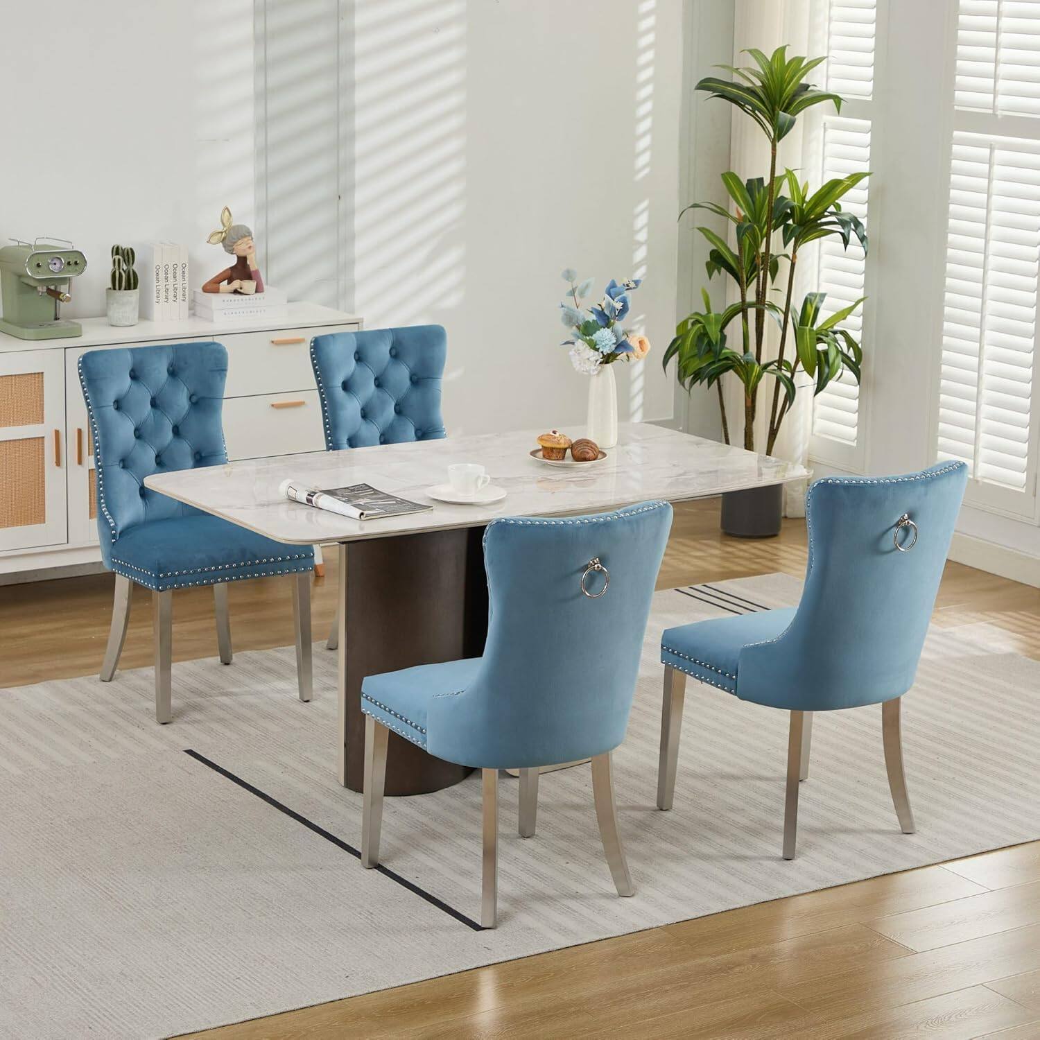 Alt View 3. Trinkets Crazed - Velvet Dining Chair Set of 2 Upholstered Tufted Dining Room Chair with Nailhead Trim - light blue.