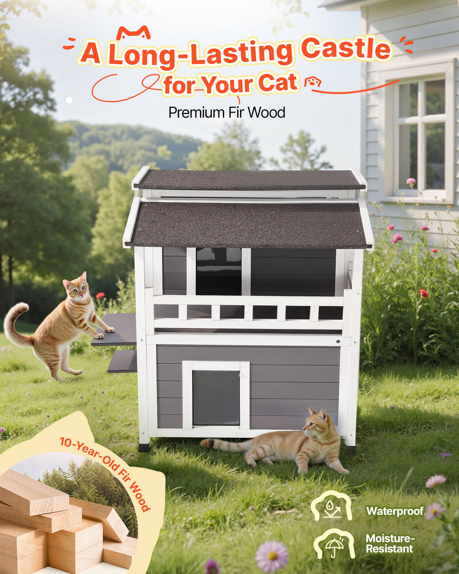 A Long-Lasting Castle for Your Cat  
Premium Fir Wood  
10-Year-Old Fir Wood  
Waterproof  
Moisture-Resistant