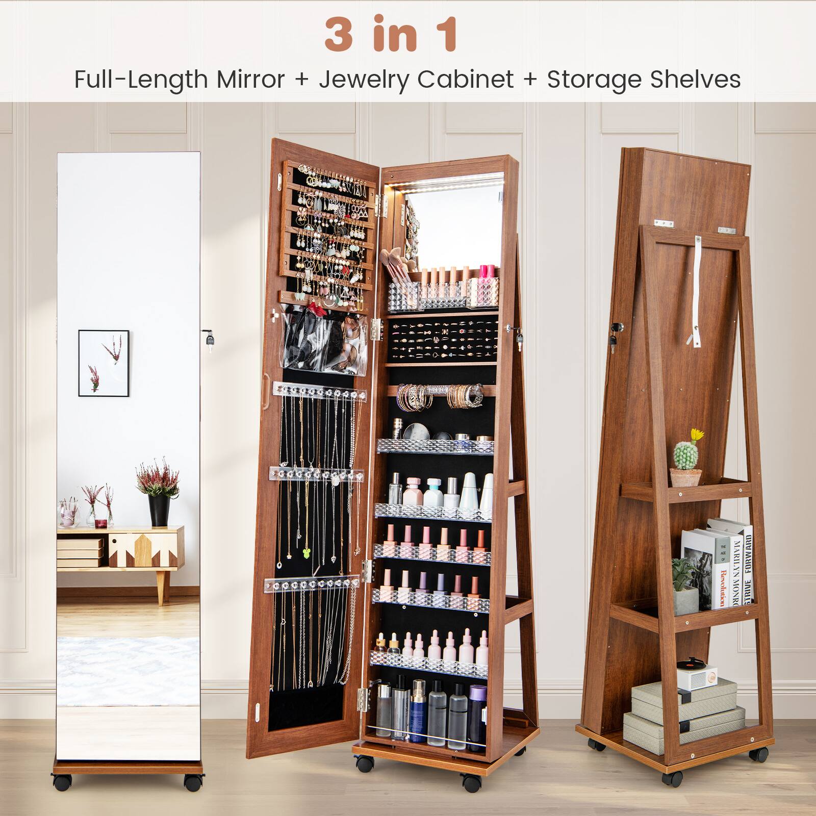3 in 1  
Full-Length Mirror + Jewelry Cabinet + Storage Shelves