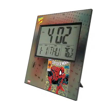 Sure, here is the corrected and grouped text from the image:
---
**MARVEL**
**SPIDER-MAN**
**TIME**
4:02 PM
**DATE**
11 THU
**TEMP**
76°F
**MONTH**
1
**DAY**
11
**TEMP**
76°F
**COMIC**
SPIDER-MAN
MARVEL COMICS
$1.00
**MARVEL**
---
This text is organized based on the layout and content visible in the image.