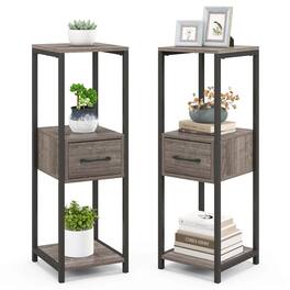 Costway - 2 Pack 3 Tier Tall Metal Plant Stand Indoor Plant Table with Drawer Anti-tipping Devices - Gray