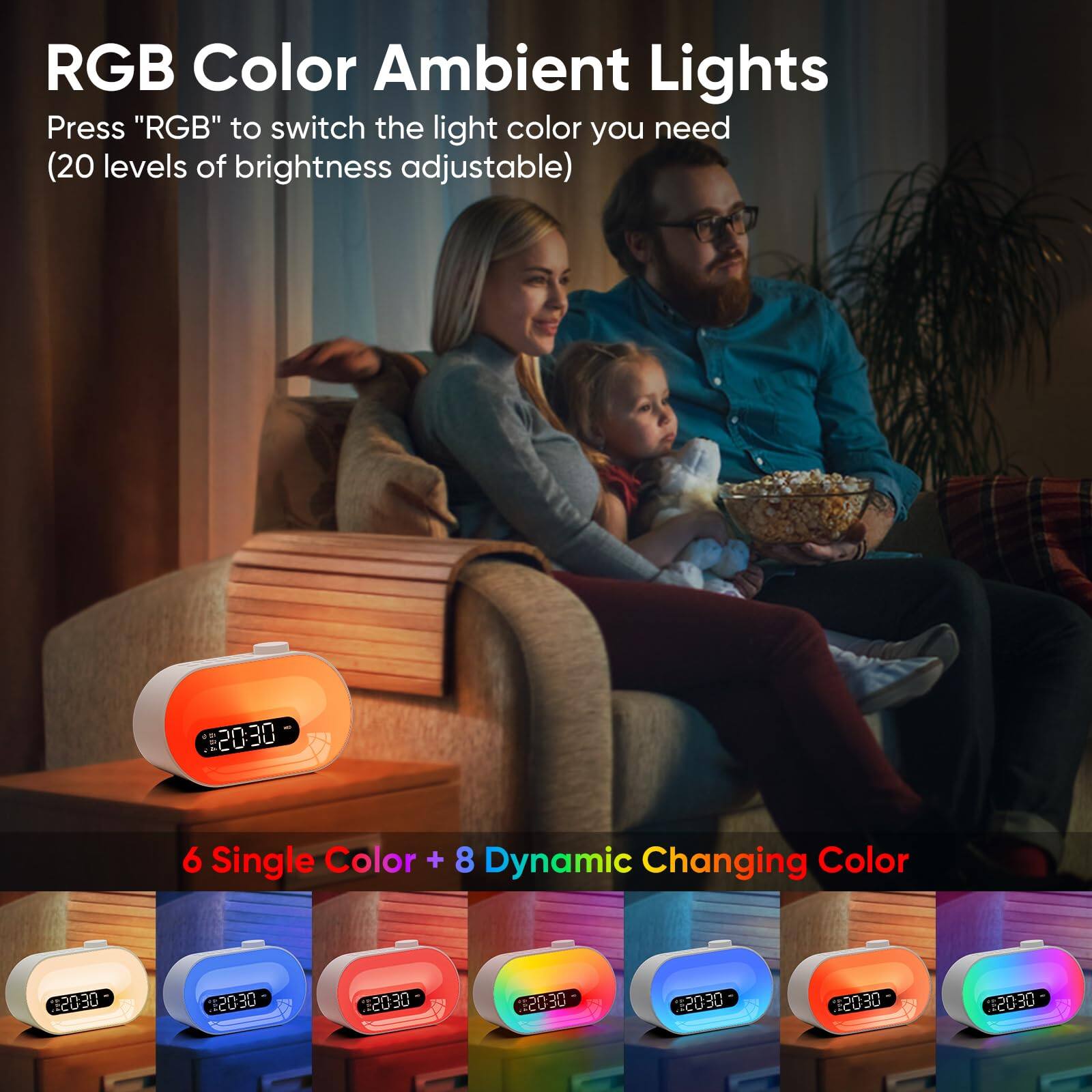 RGB Color Ambient Lights  
Press "RGB" to switch the light color you need (20 levels of brightness adjustable)  

6 Single Color + 8 Dynamic Changing Color