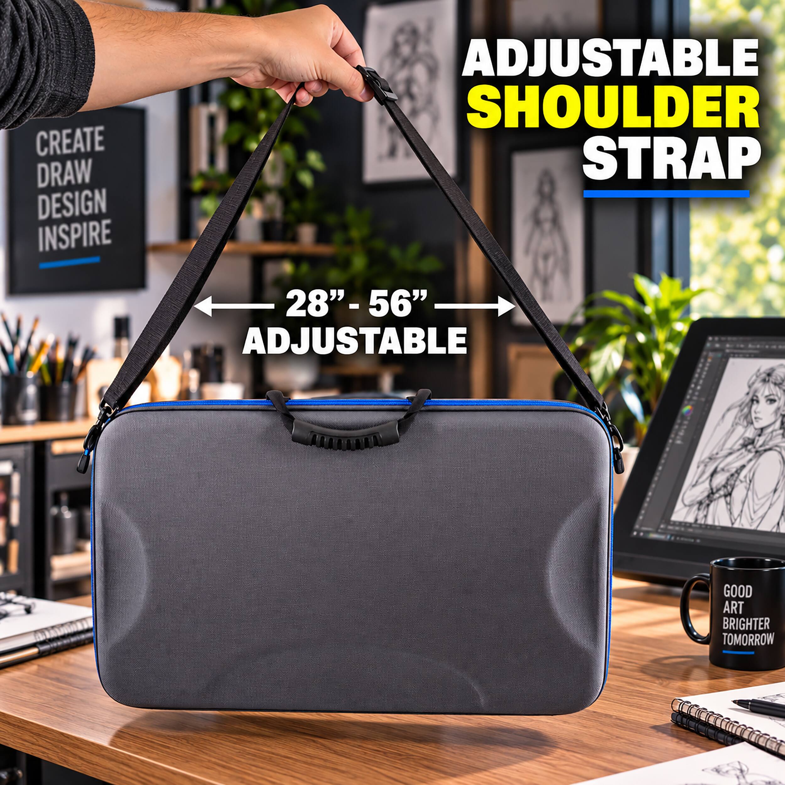 CREATE DRAW DESIGN INSPIRE

ADJUSTABLE SHOULDER STRAP 28"-56" ADJUSTABLE

GOOD ART BRIGHTER TOMORROW