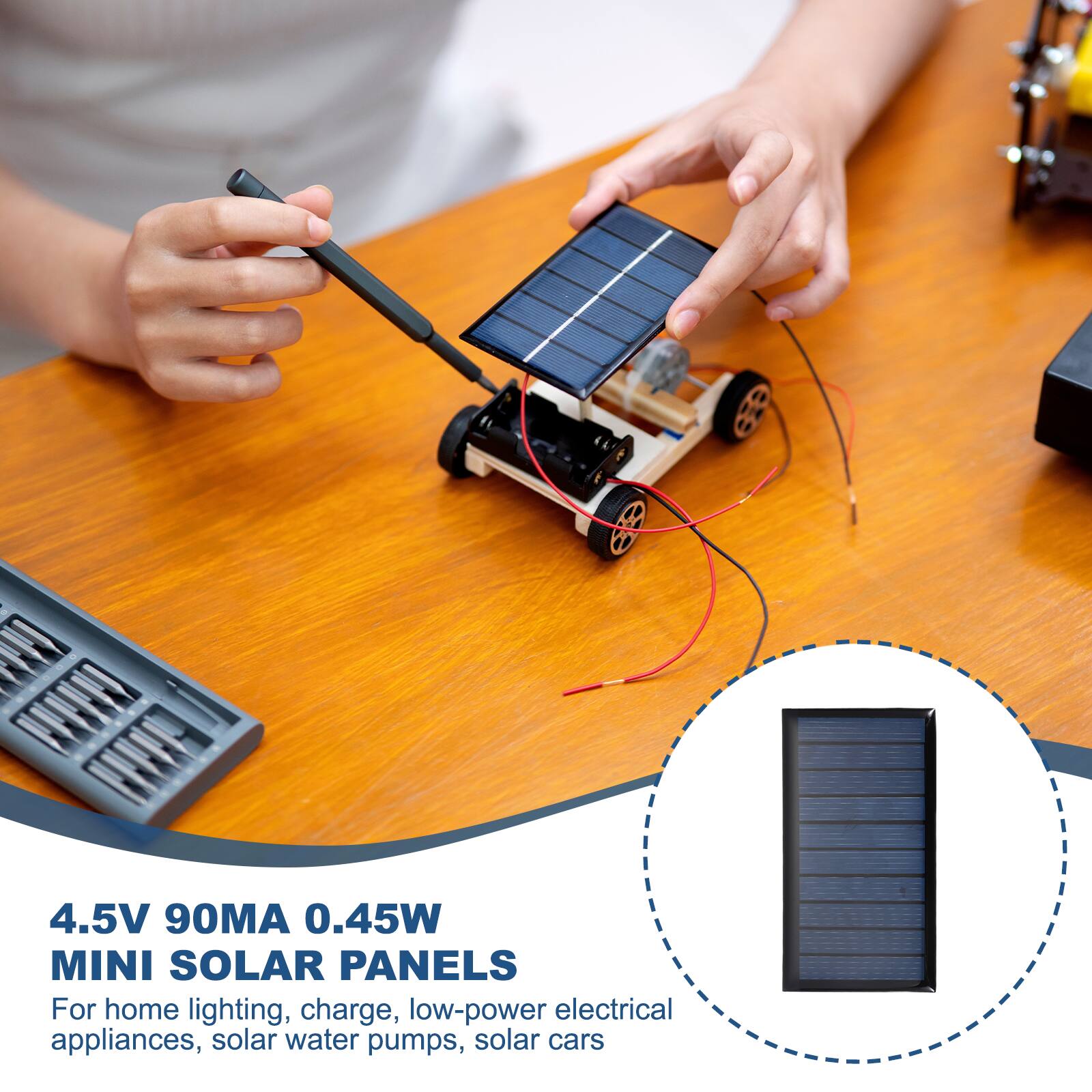 4.5V 90MA 0.45W MINI SOLAR PANELS

For home lighting, charge, low-power electrical appliances, solar water pumps, solar cars