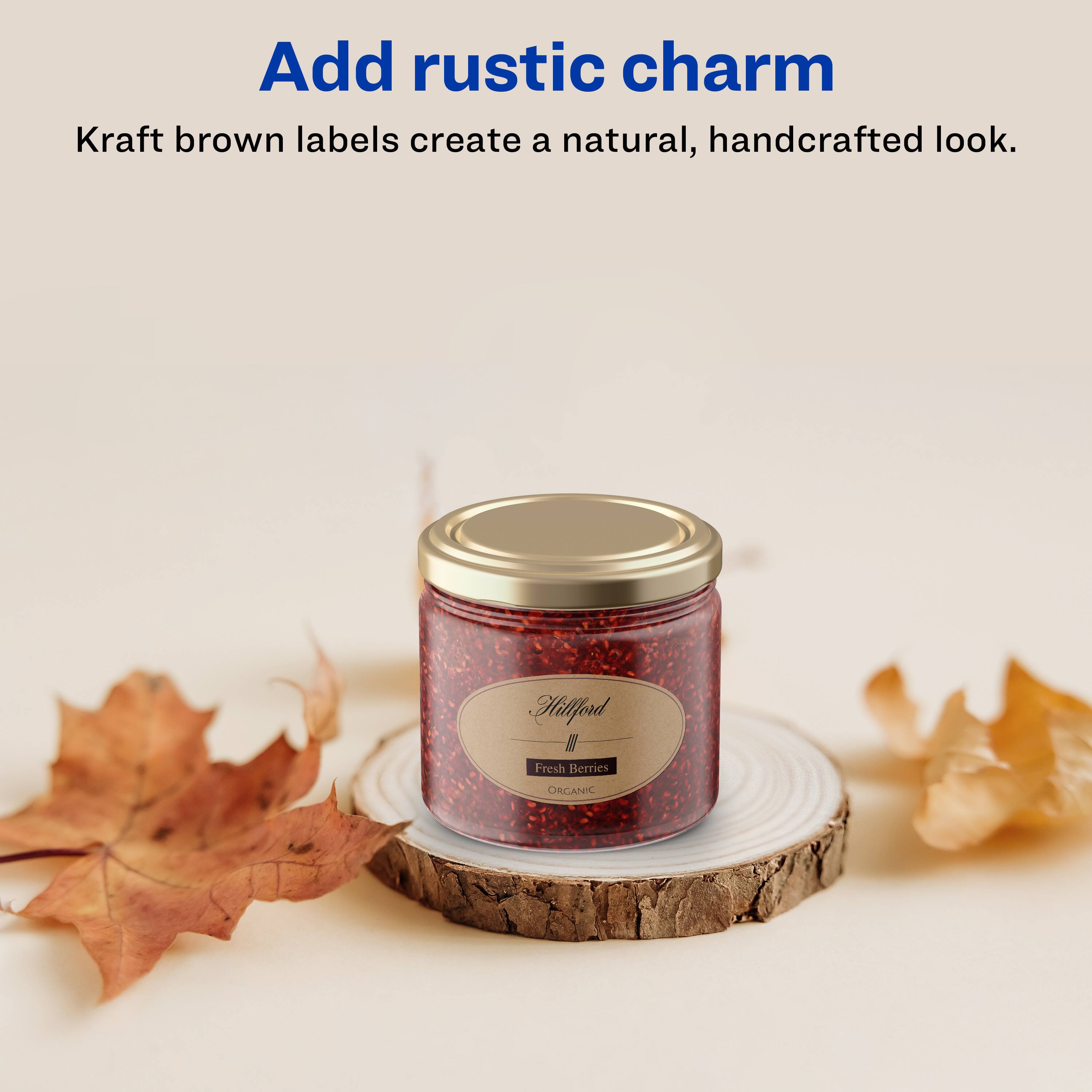 Add rustic charm  
Kraft brown labels create a natural, handcrafted look.  

Hilford  
Fresh Berries  
ORGANIC