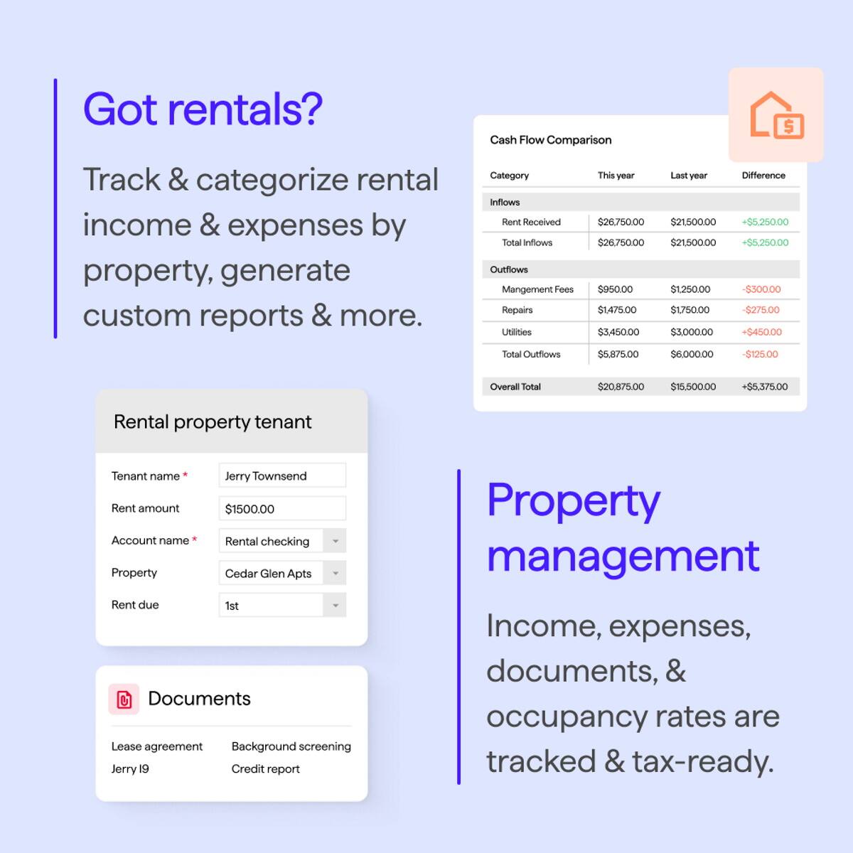 Got rentals?  
Track & categorize rental income & expenses by property, generate custom reports & more.

Rental property tenant  
Tenant name * Jerry Townsend  
Rent amount $1500.00  
Account name * Rental checking  
Property Cedar Glen Apts  
Rent due 1st  

Documents  
Lease agreement  
Background screening  
Credit report  

Property management  
Income, expenses, documents, & occupancy rates are tracked & tax-ready.

Cash Flow Comparison  
Category | This year | Last year | Difference  
Inflows  
Rent Received | $26,750.00 | $21,500.00 | +$5,250.00  
Total Inflows | $26,750.00 | $21,500.00 | +$5,250.00  
Outflows  
Management Fees | $950.00 | $1,250.00 | -$300.00  
Repairs | $1,475.00 | $1,750.00 | -$275.00  
Utilities | $3,450.00 |