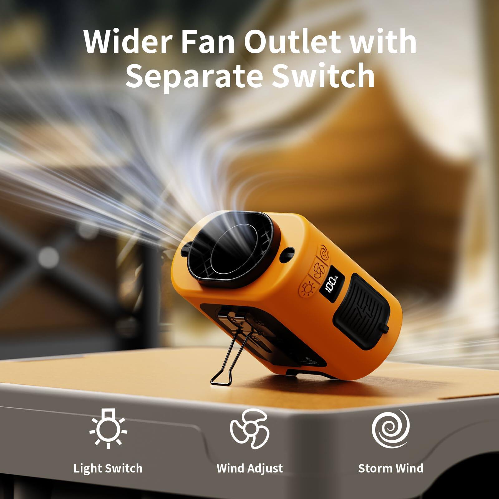 Wider Fan Outlet with Separate Switch

Light Switch
Wind Adjust
Storm Wind