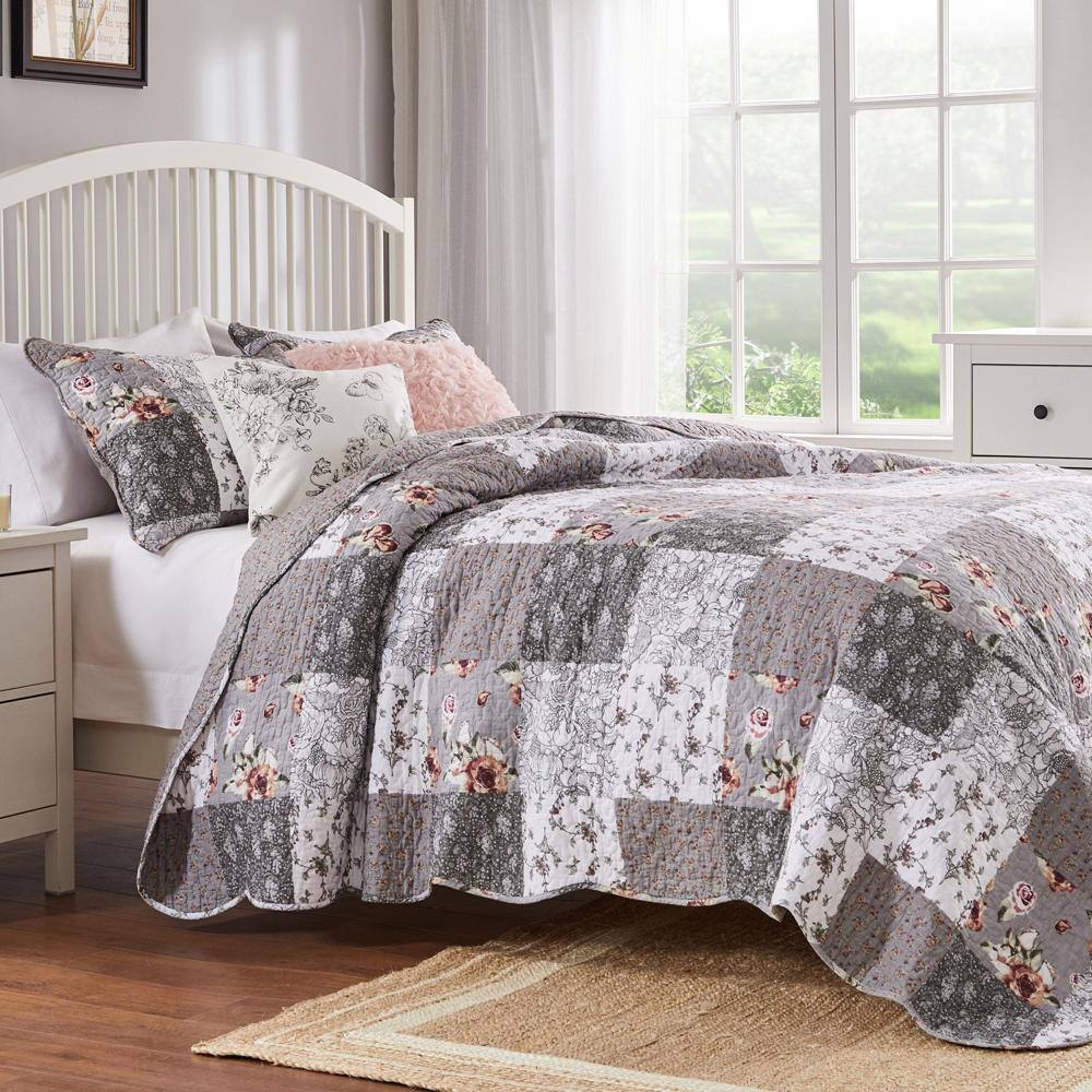 Alt View 2. Barefoot Bungalow - Greenland Home Fashions Barefoot Bungalow Giulia Comfortable Quilt Set - 3-Piece - King 105x95", Gray - Gray.