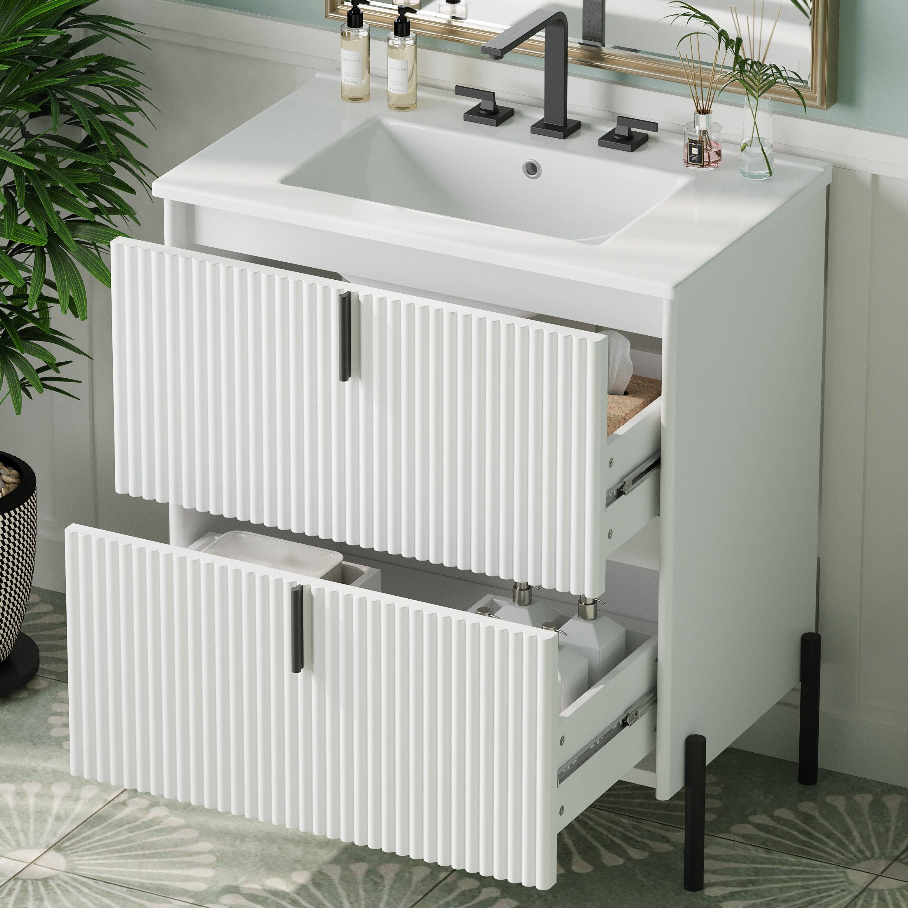 Alt View 7. Boyel Living - 30 Inch Bathroom Vanity with Ceramic Sink Vertical Pulls Full Extension Drawers Soft Close White - White.