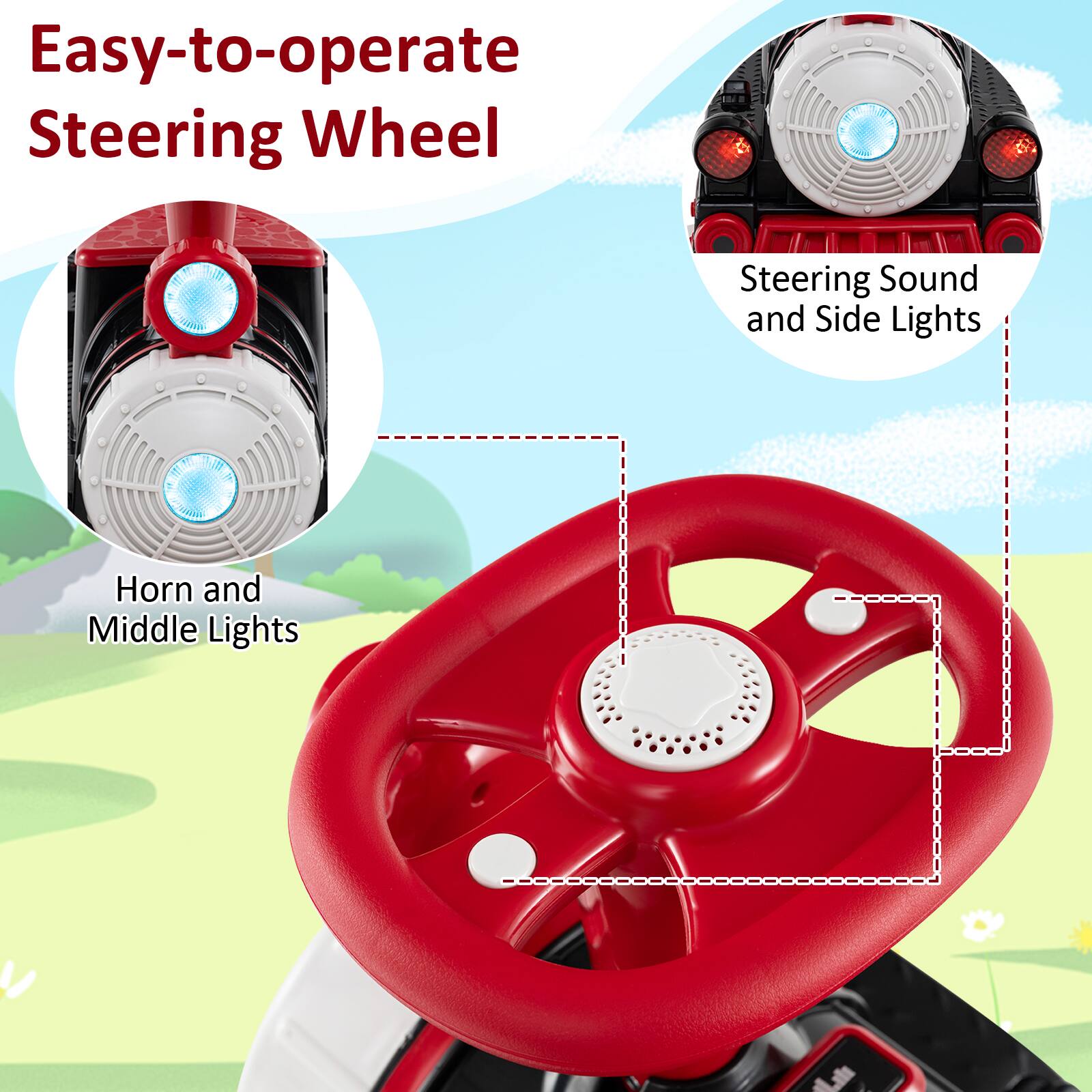 Easy-to-operate Steering Wheel

Steering Sound and Side Lights

Horn and Middle Lights