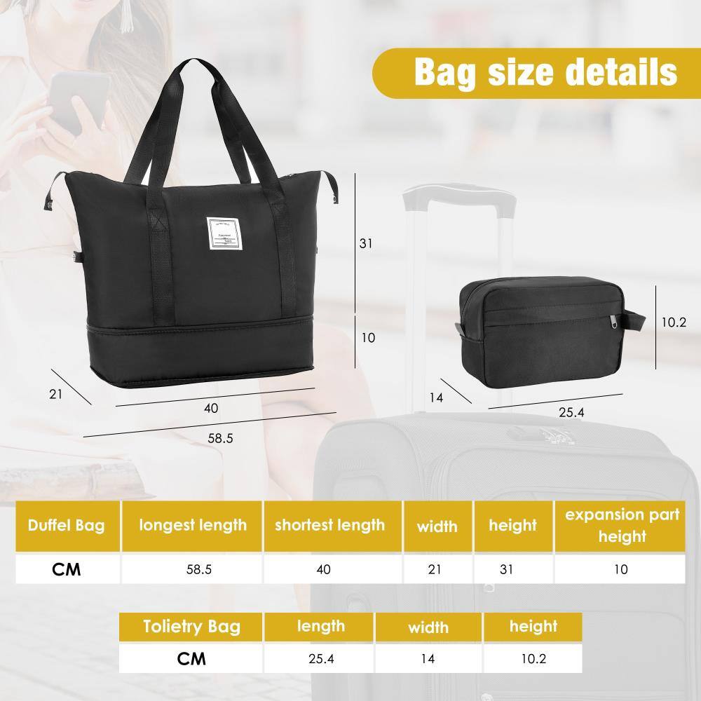 Bag size details

Duffel Bag
- Longest length: 58.5 cm
- Shortest length: 40 cm
- Width: 21 cm
- Height: 31 cm
- Expansion part height: 10 cm

Toiletry Bag
- Length: 25.4 cm
- Width: 14 cm
- Height: 10.2 cm