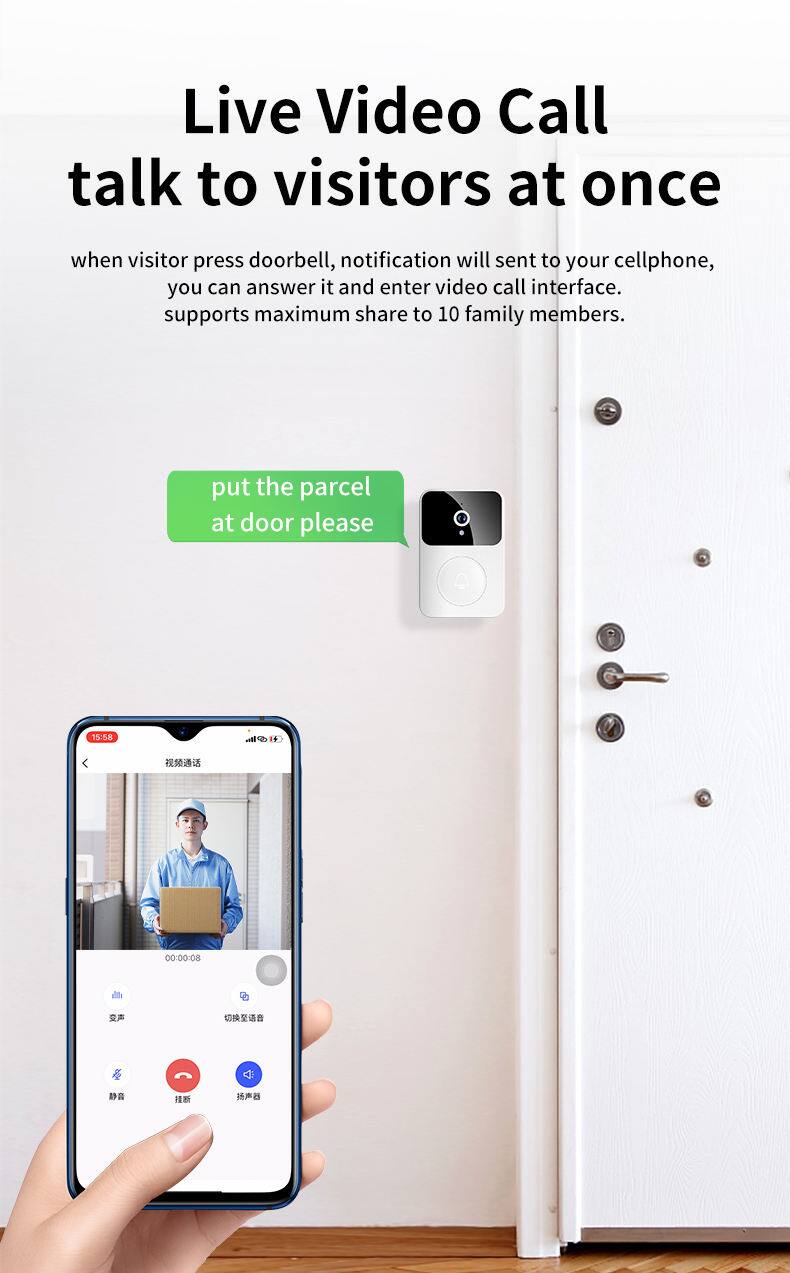 Live Video Call  
talk to visitors at once

when visitor press doorbell, notification will sent to your cellphone, you can answer it and enter video call interface. supports maximum share to 10 family members.

put the parcel at door please

15:58  
00:00:08